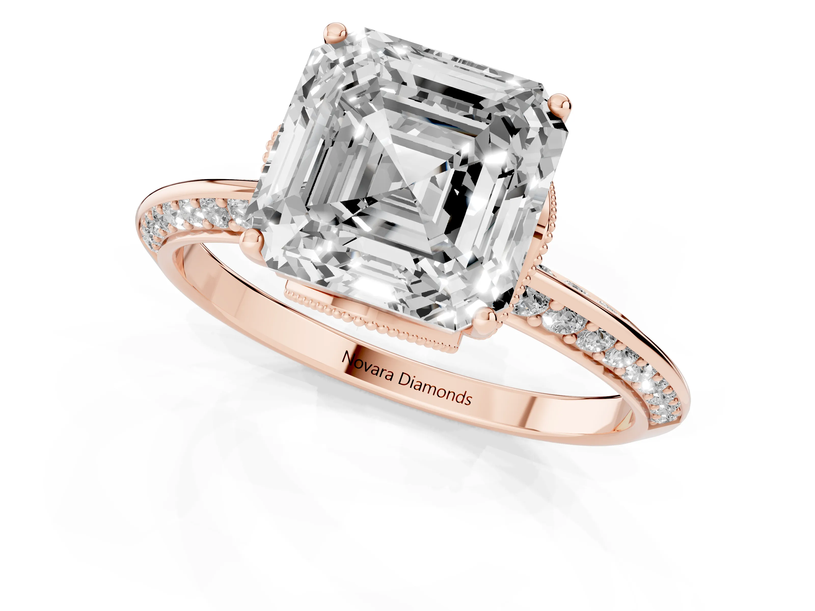 Asscher Cut Diamond Solitaire Engagement Ring Set in Rose gold with Pavé Split Shank and Prong Setting