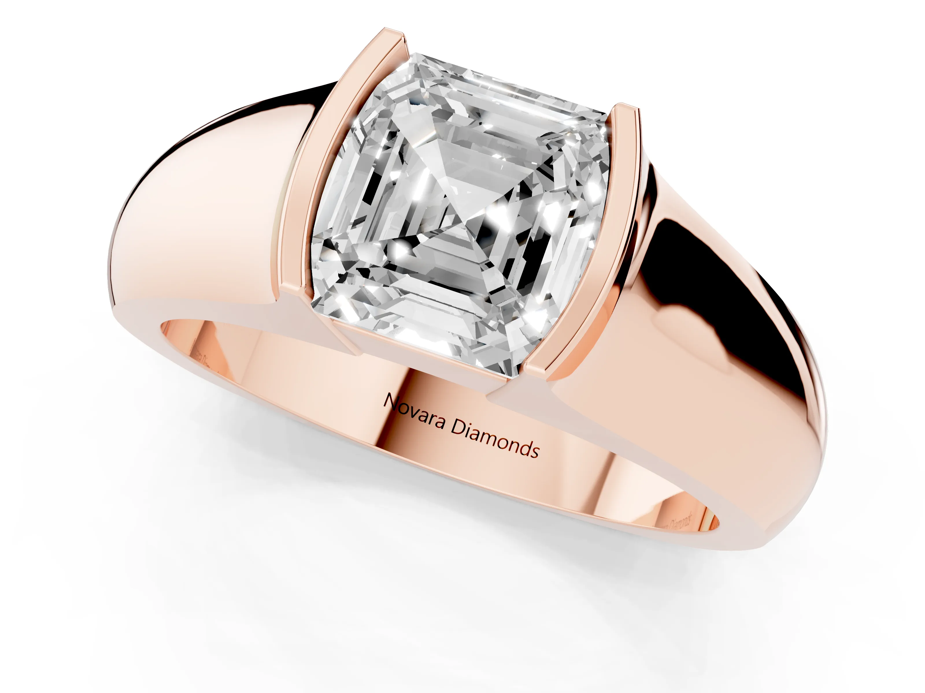 Asscher Cut Diamond Bezel Solitaire Ring Set in Rose gold with Wide Band
