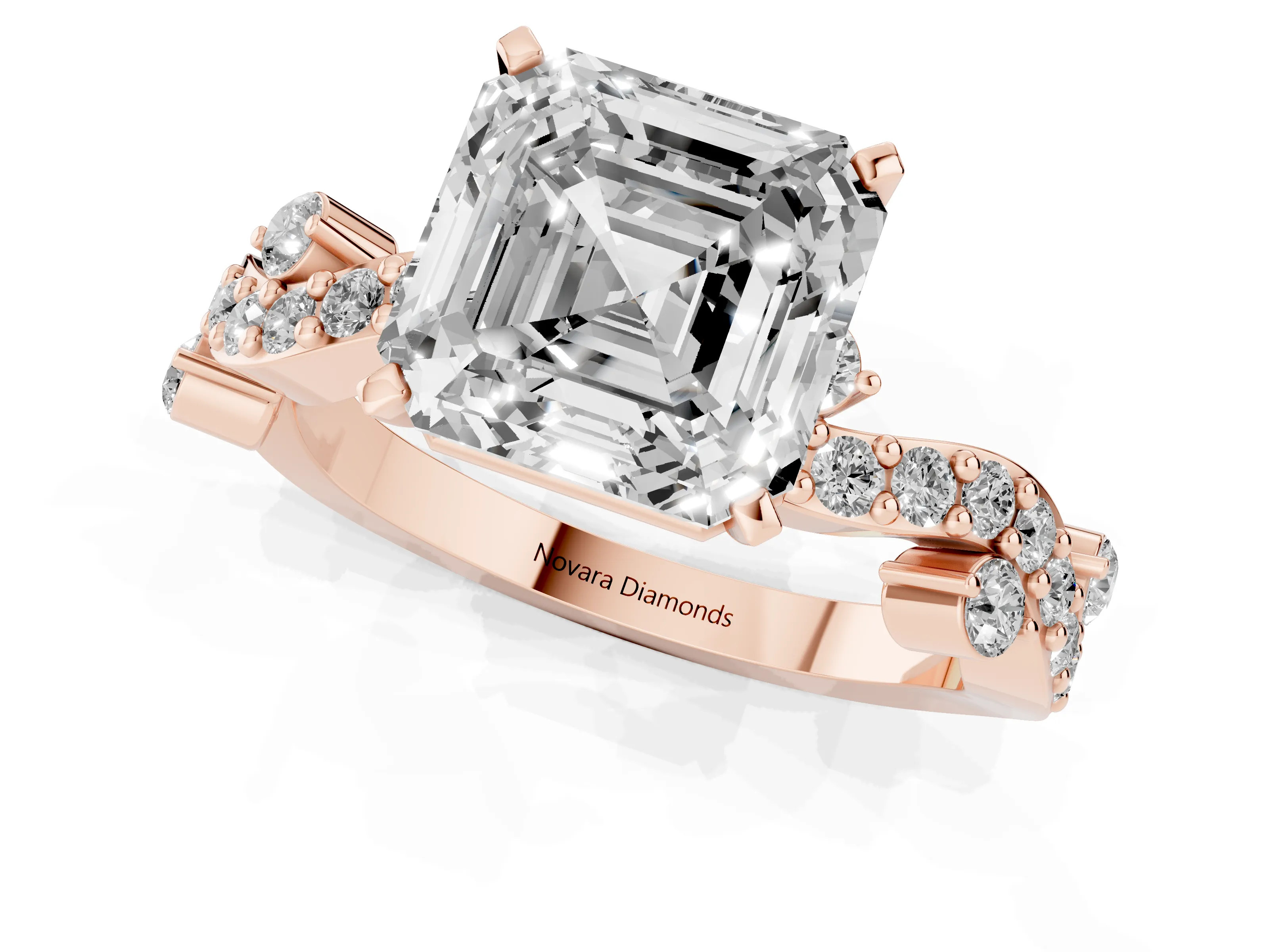 Asscher Cut Diamond Solitaire Twisted Band Set in Rose gold with Pavé Setting