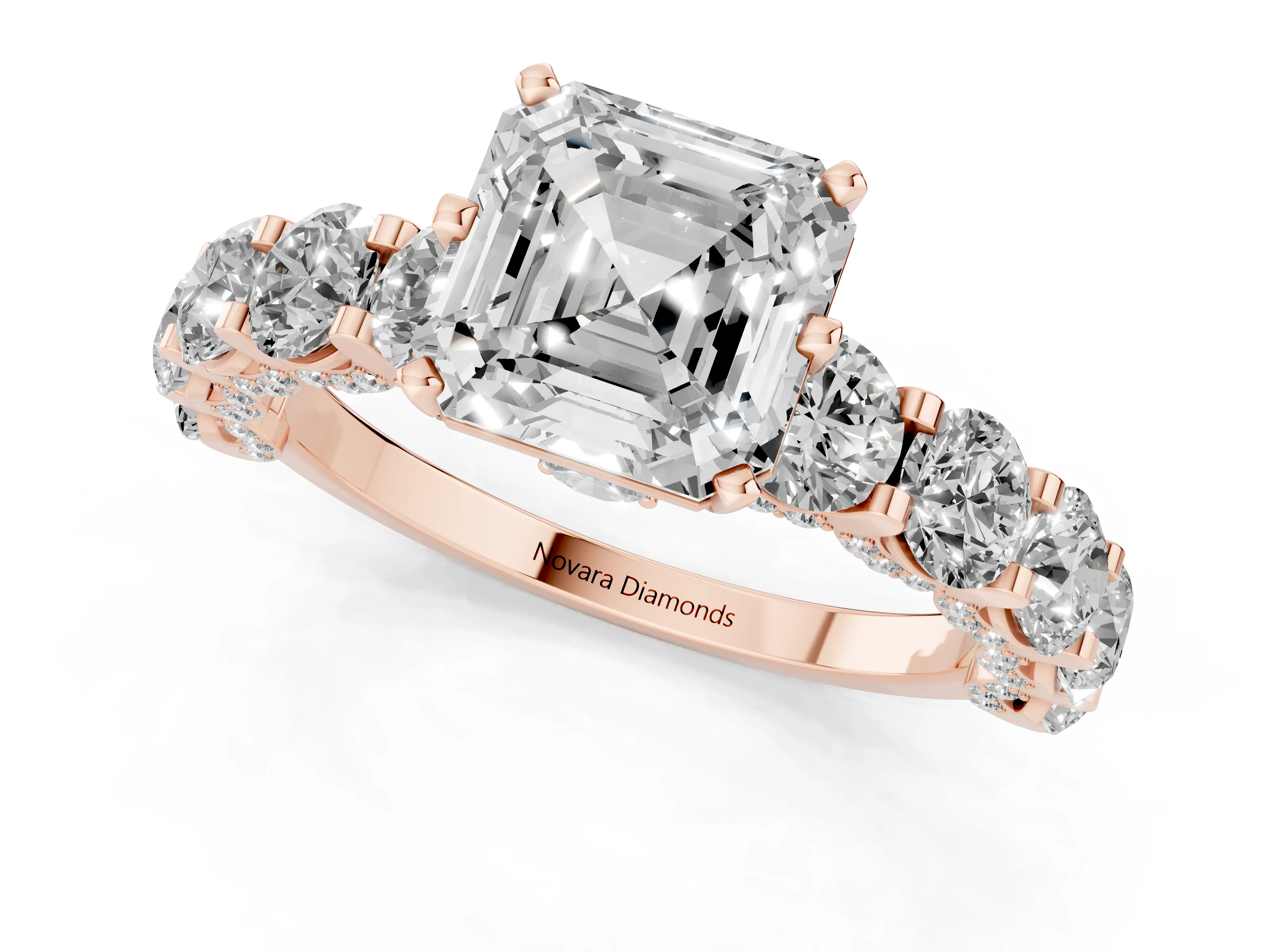 Asscher Cut Diamond Side Stone Ring Set in Rose gold with Alternating Round and Oval Side Stones – second view