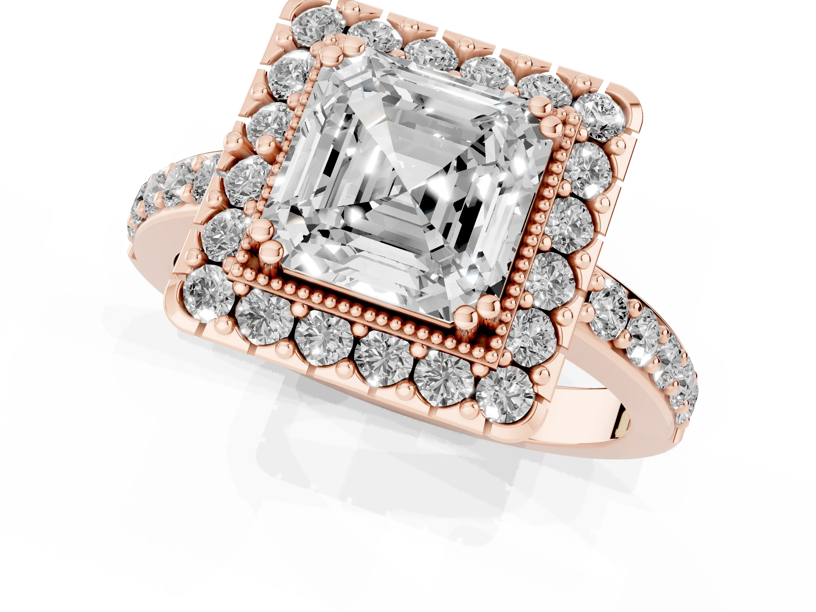 Asscher Cut Diamond Halo Ring Set in Rose gold with Pavé Shank and Prong Setting