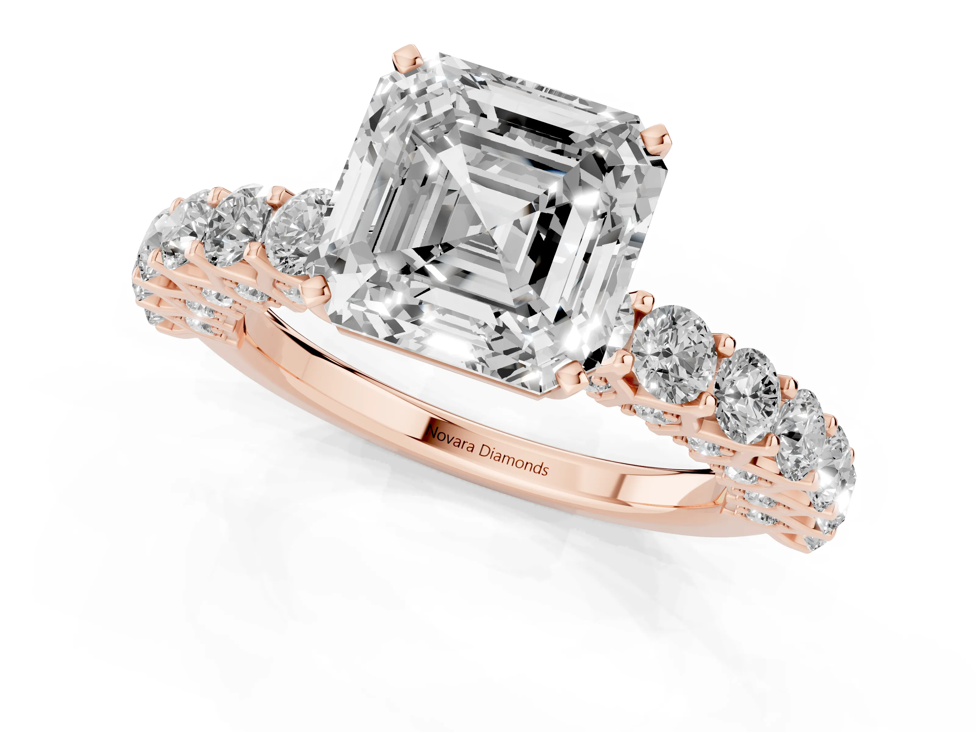 Asscher Cut Diamond Solitaire Ring Set in Rose gold with Shared Prong Pavé Band