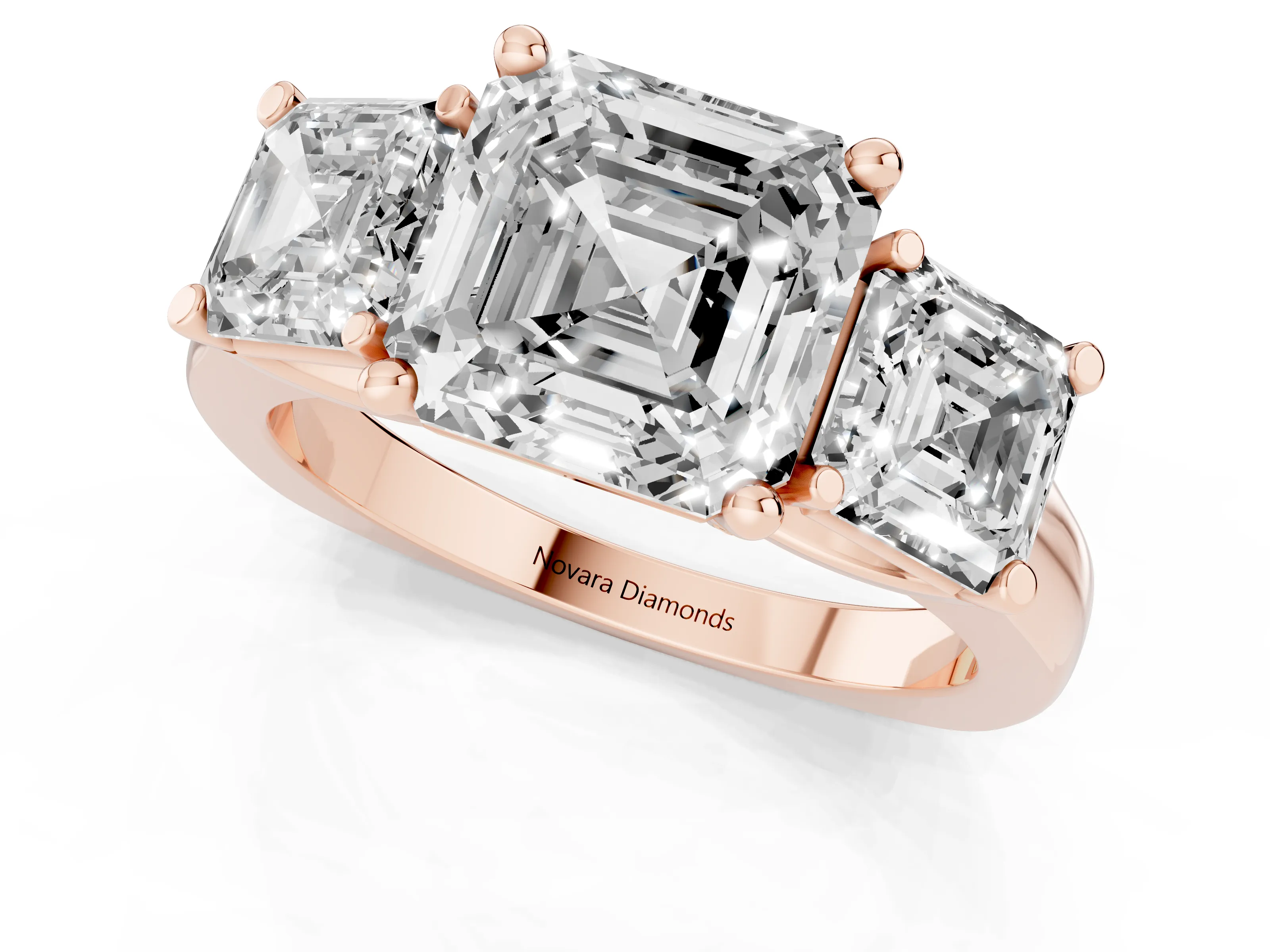 Asscher Cut Diamond Three-Stone Trellis Ring Set in Rose gold with Comfort Fit Band