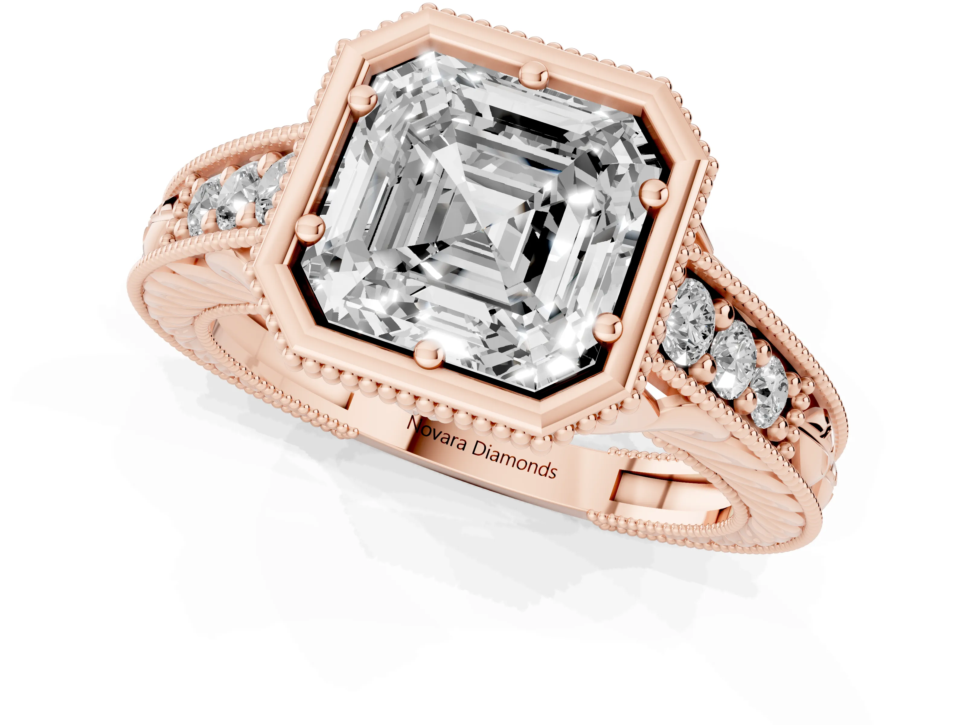 Bezel Set Asscher Cut Diamond Milgrain Pavé Engagement Ring Set in Rose gold – second view