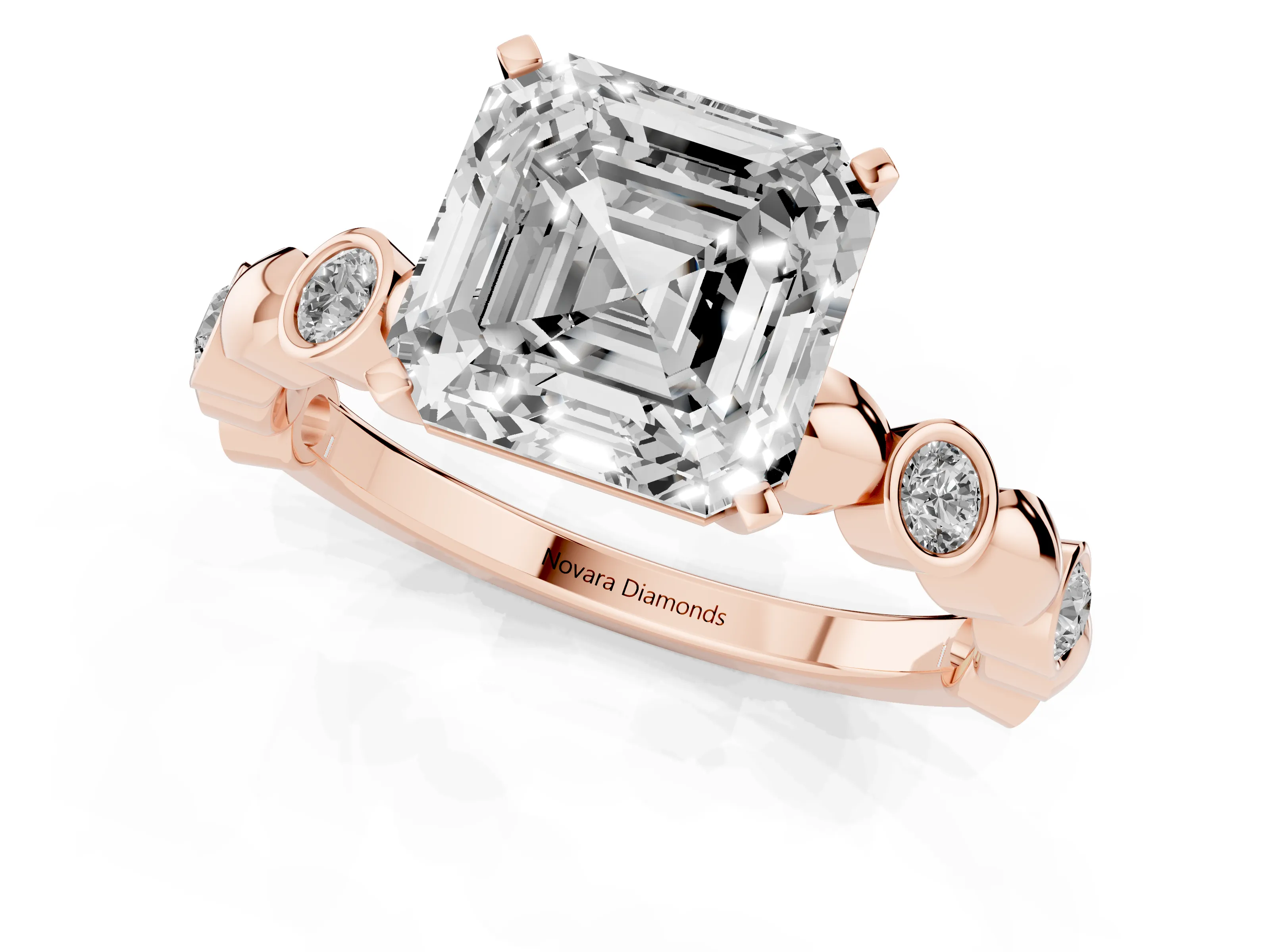 Asscher Cut Diamond Solitaire Ring Set in Rose gold with Bezel-Set Accents on Beaded Band and Prong Setting