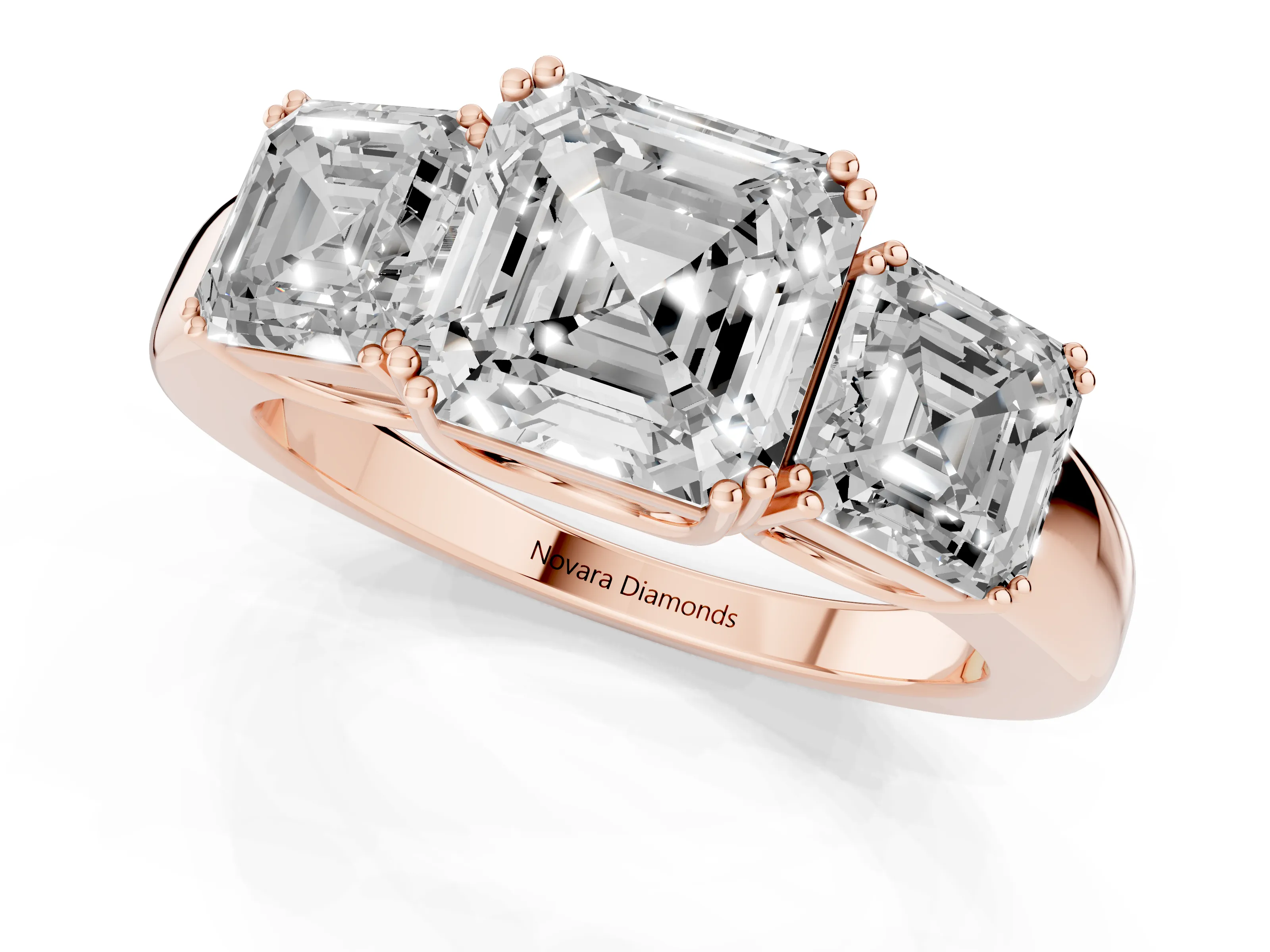 Asscher Cut Diamond Three-Stone Ring Set in Rose gold with Polished Band and Prong Setting – second view