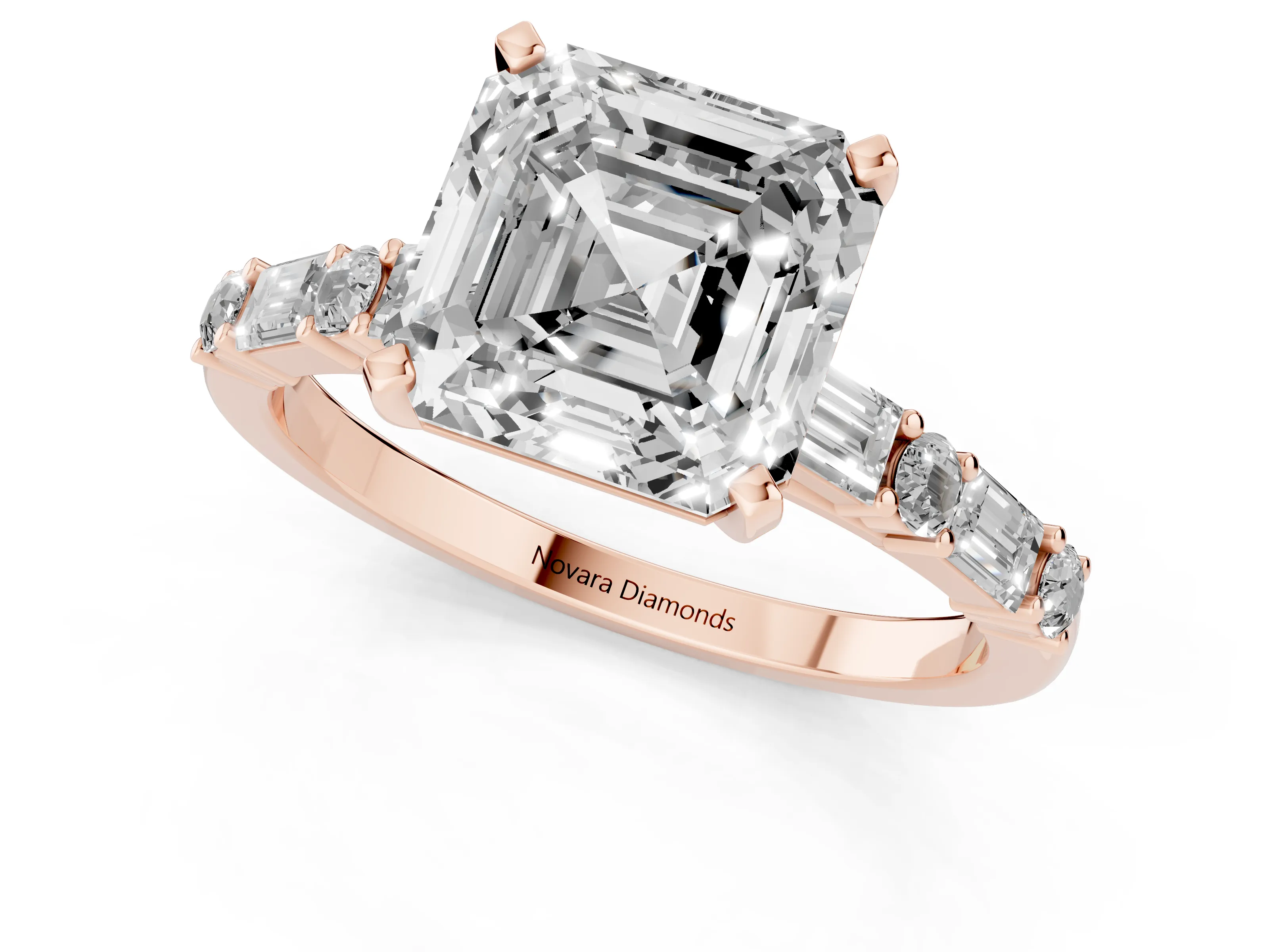 Asscher Cut Diamond Solitaire Set in Rose gold with Side Baguettes and Channel Set Band