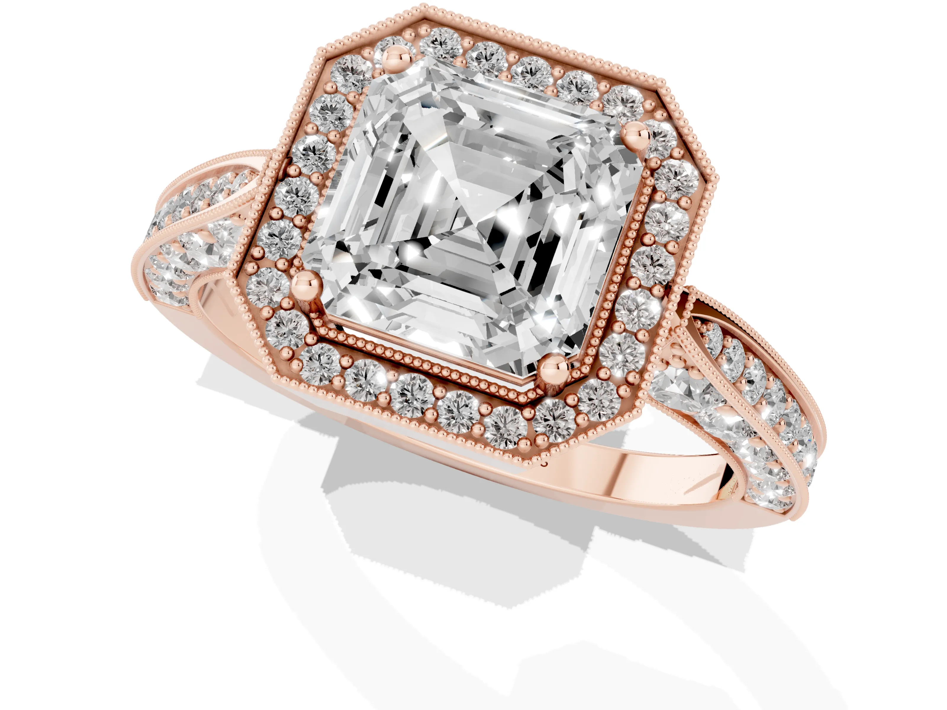 Asscher Cut Diamond Halo Engagement Ring Set in Rose gold with Accent Split Shank Band