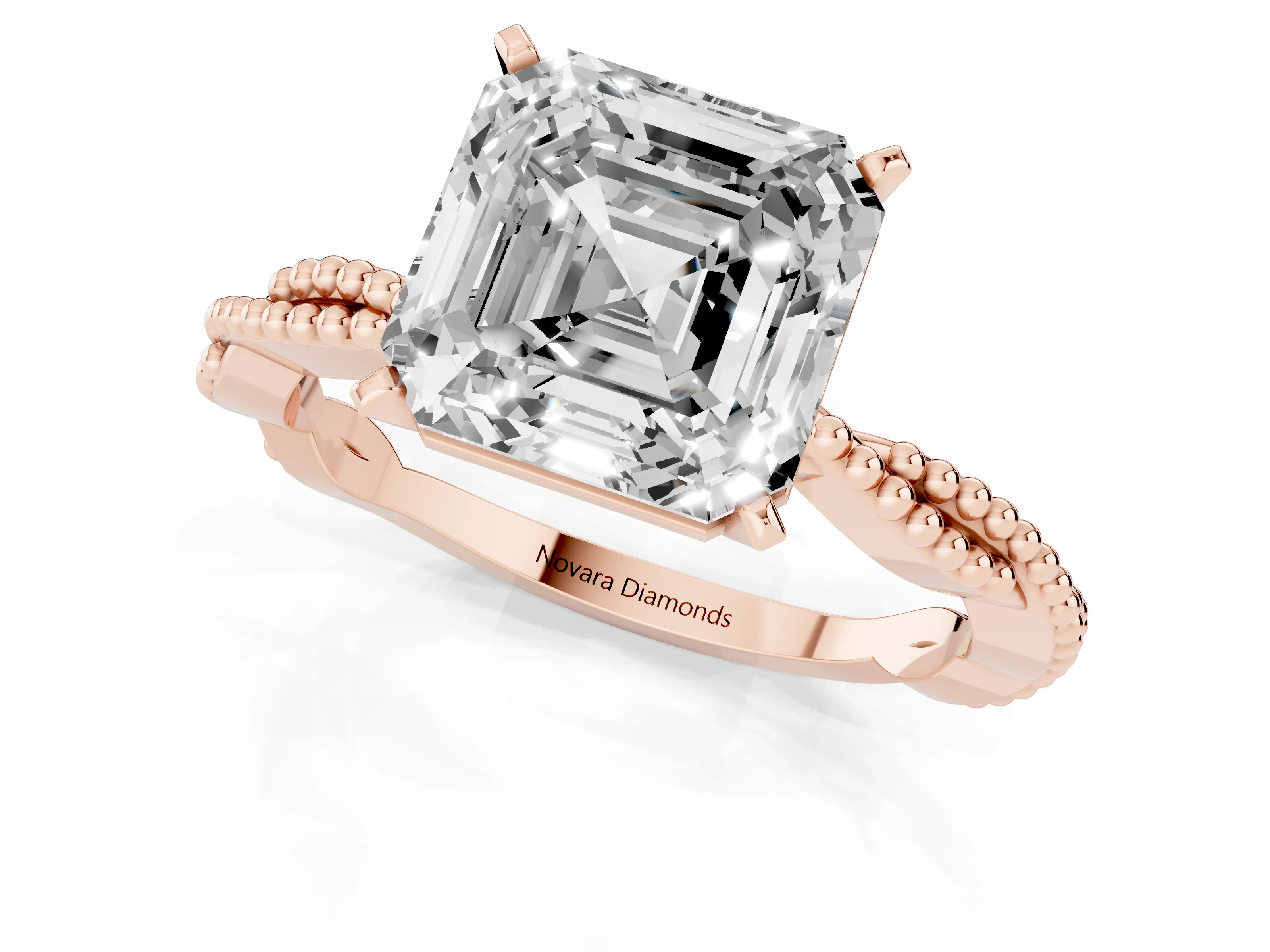 Asscher Cut Diamond Solitaire Ring Set in Rose gold with Twisted Band and Bead Prong Setting