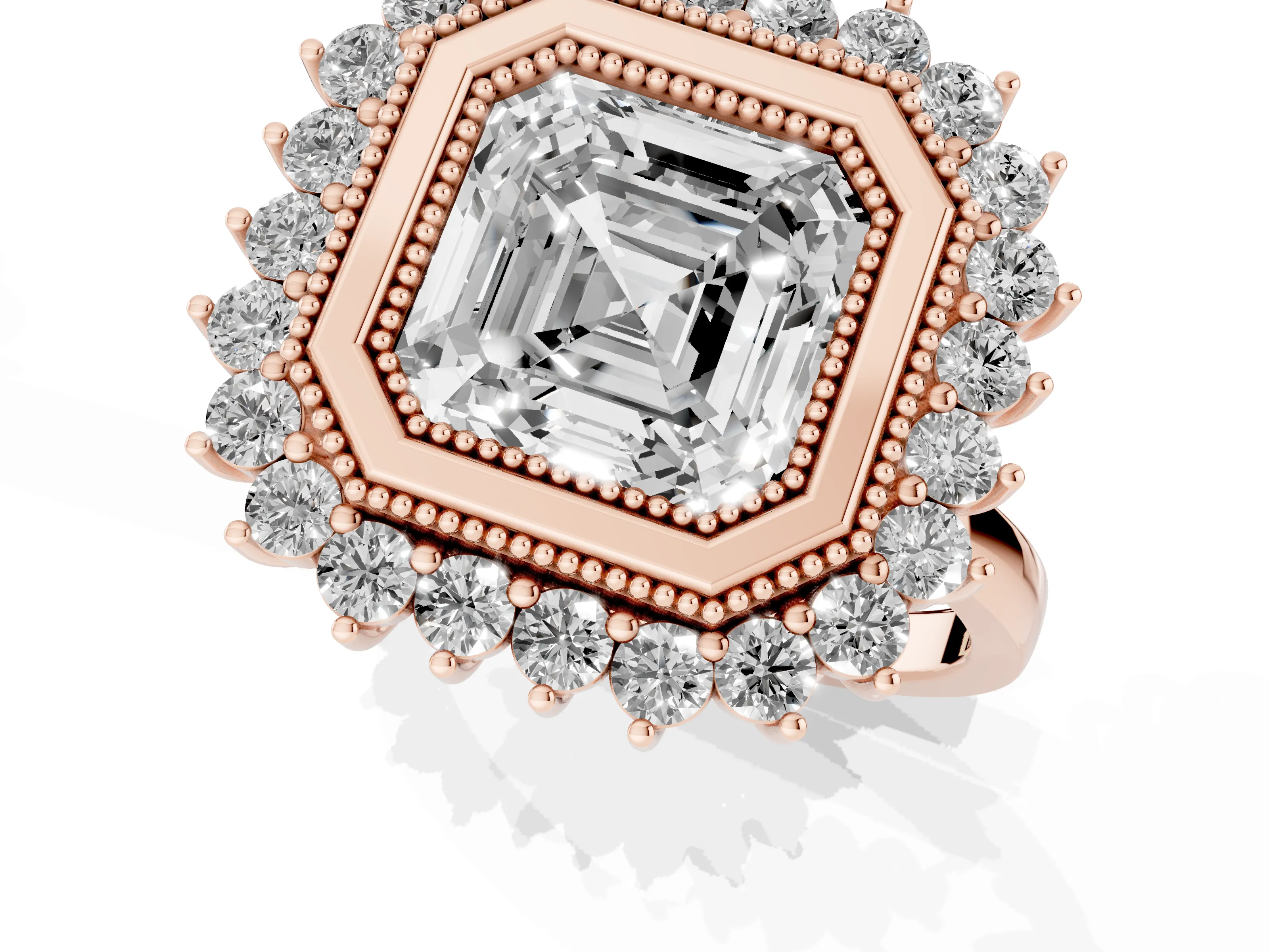 Asscher Cut Diamond Halo Ring Set in Rose gold with Milgrain Edge and Round Prong Setting – second view