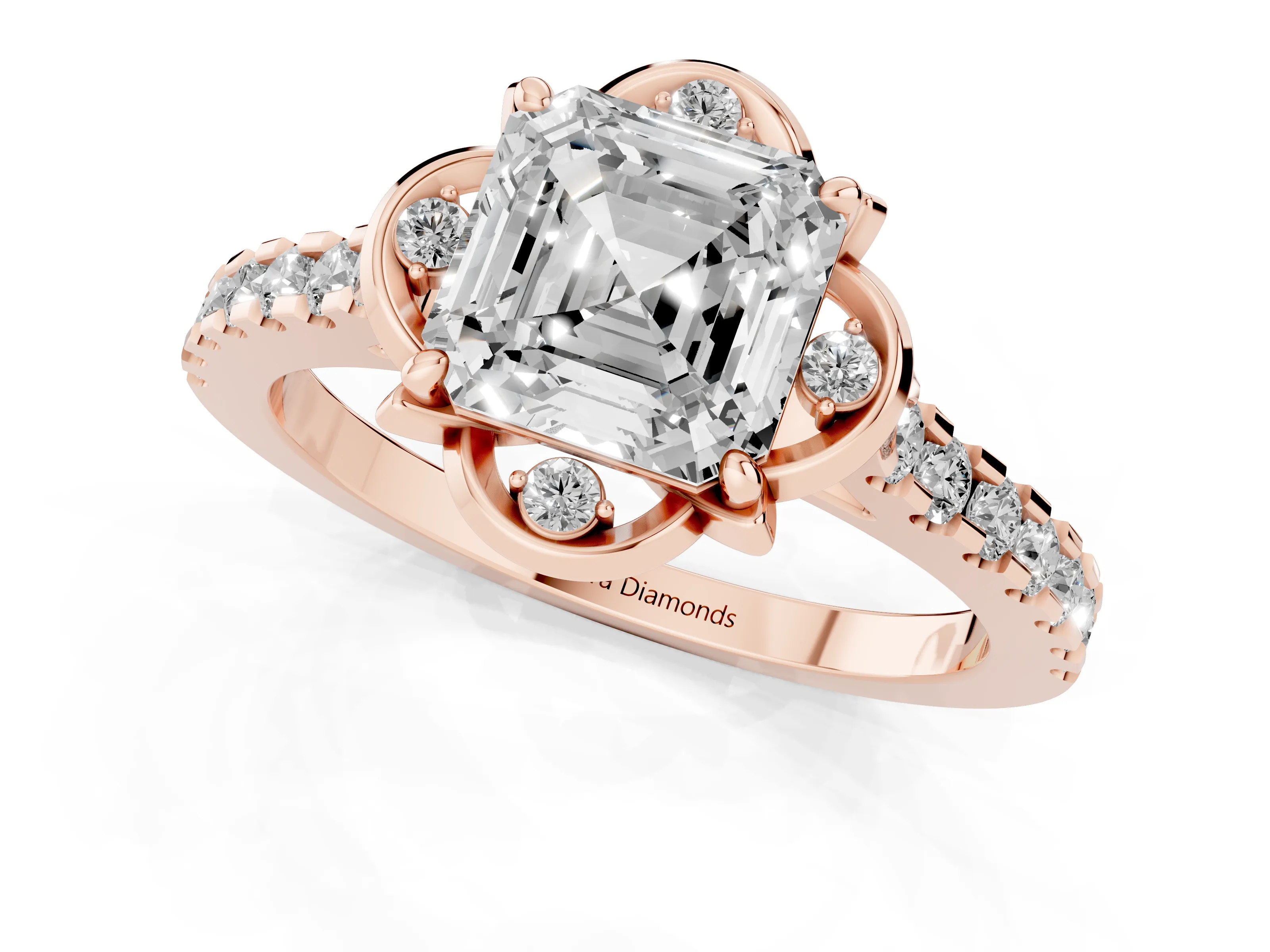 Asscher Cut Diamond Solitaire Ring Set in Rose gold with Pavé Band and Floral Prong Setting