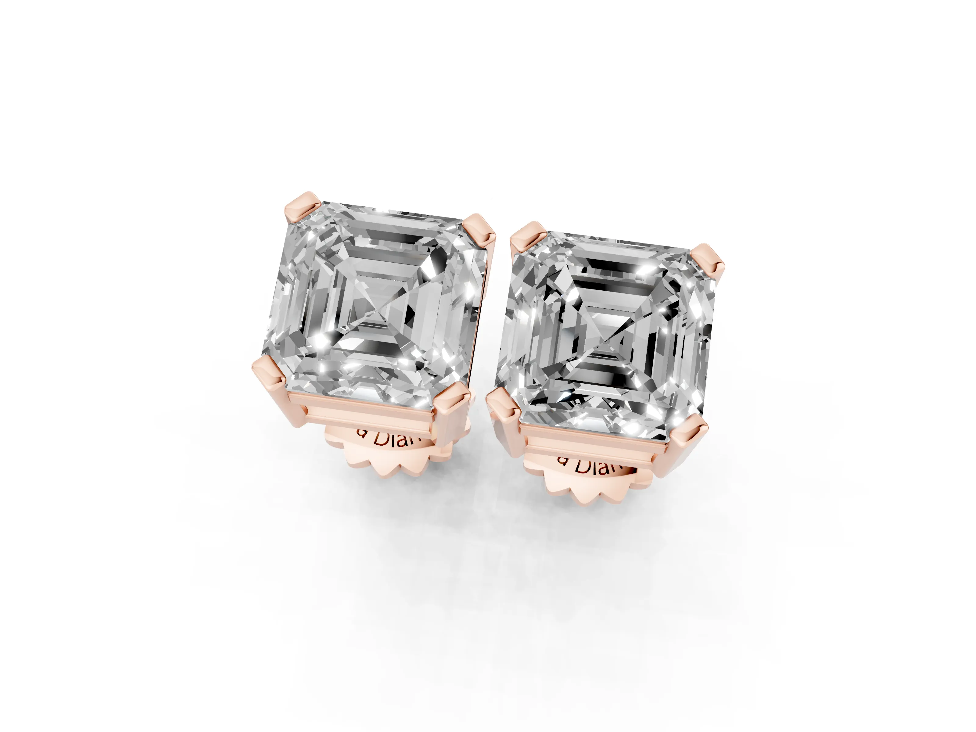 Asscher Cut Diamond Solitaire Stud Earrings Set in Rose gold with Basket Setting – second view