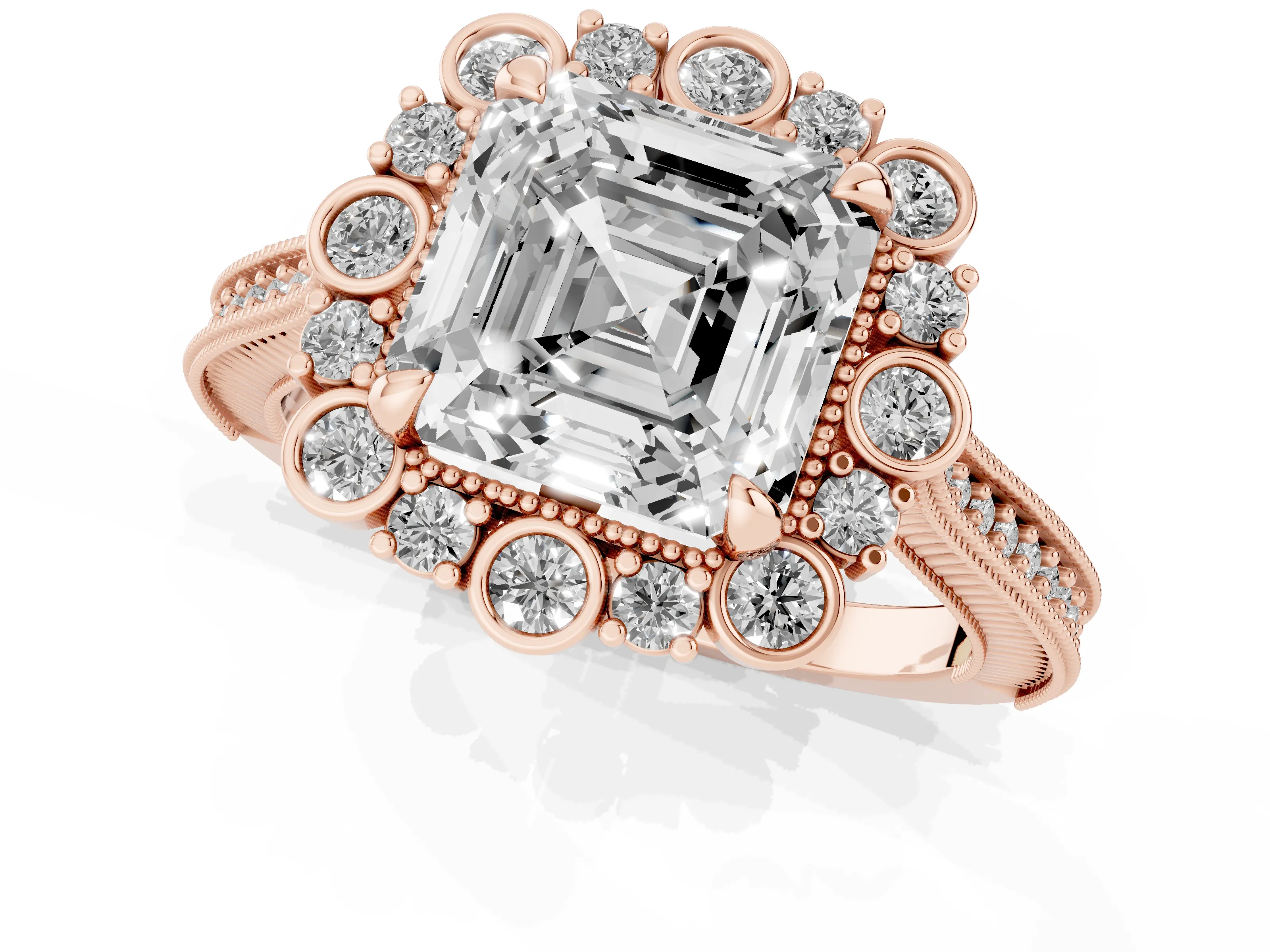Asscher Cut Diamond Halo Milgrain Pavé Ring Set in Rose gold with Prong Setting