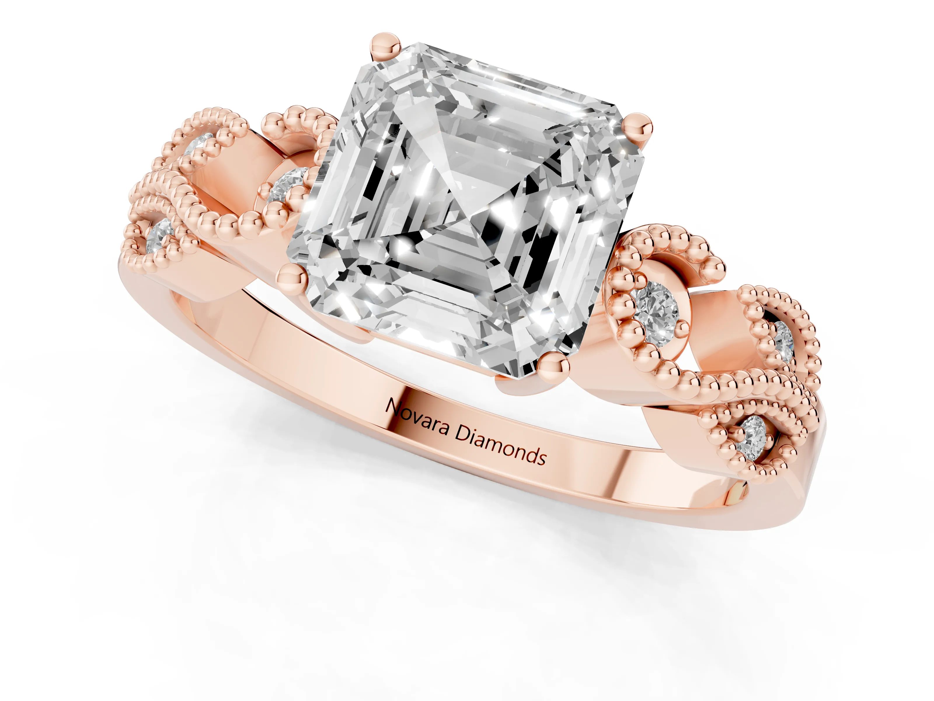 Asscher Cut Diamond Milgrain Leaf Band Solitaire Ring Set in Rose gold with Accent Stones and Prong Setting