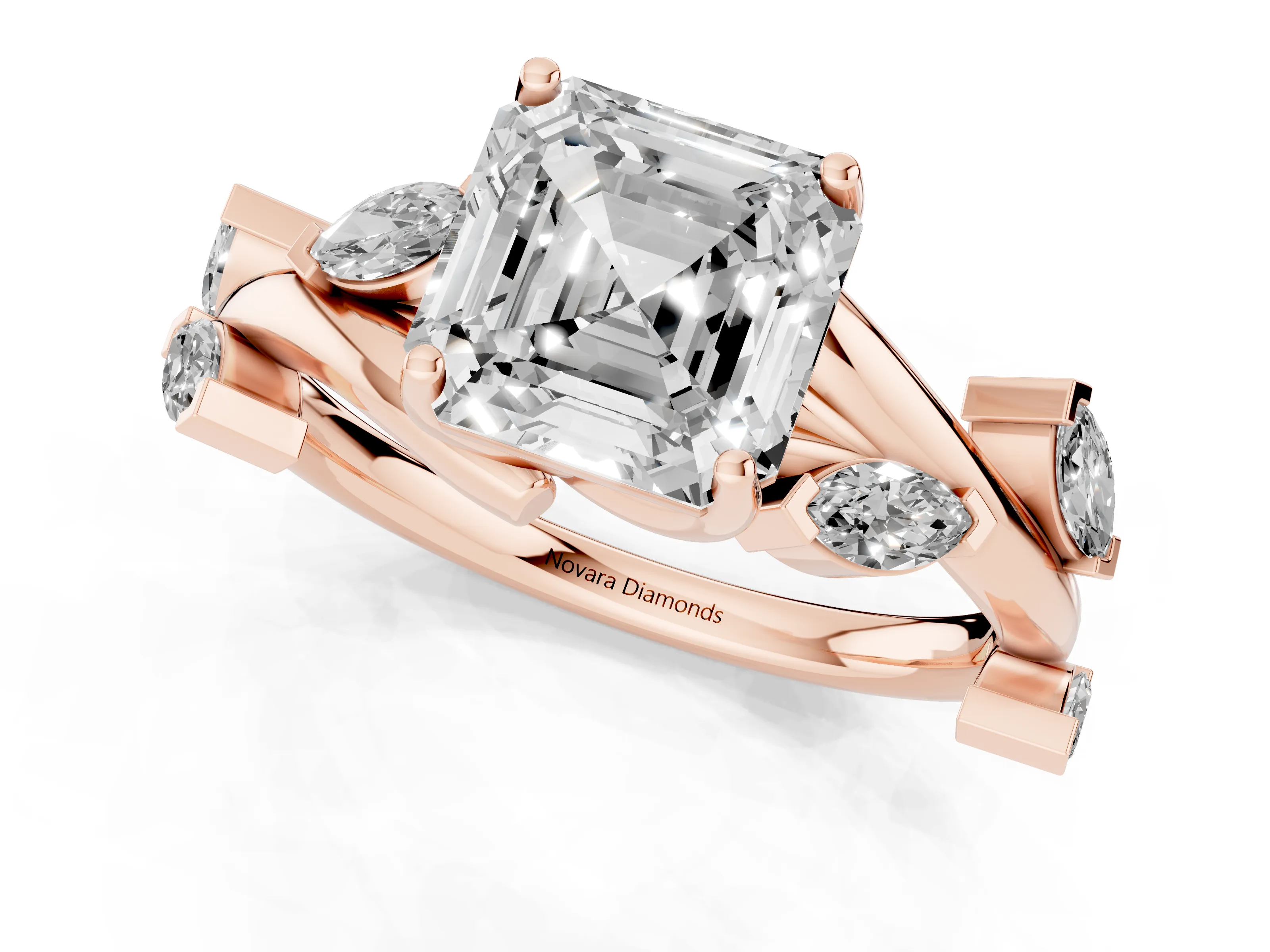 Asscher Cut Diamond Solitaire Ring Set in Rose gold with Twisted Marquise Accent Band