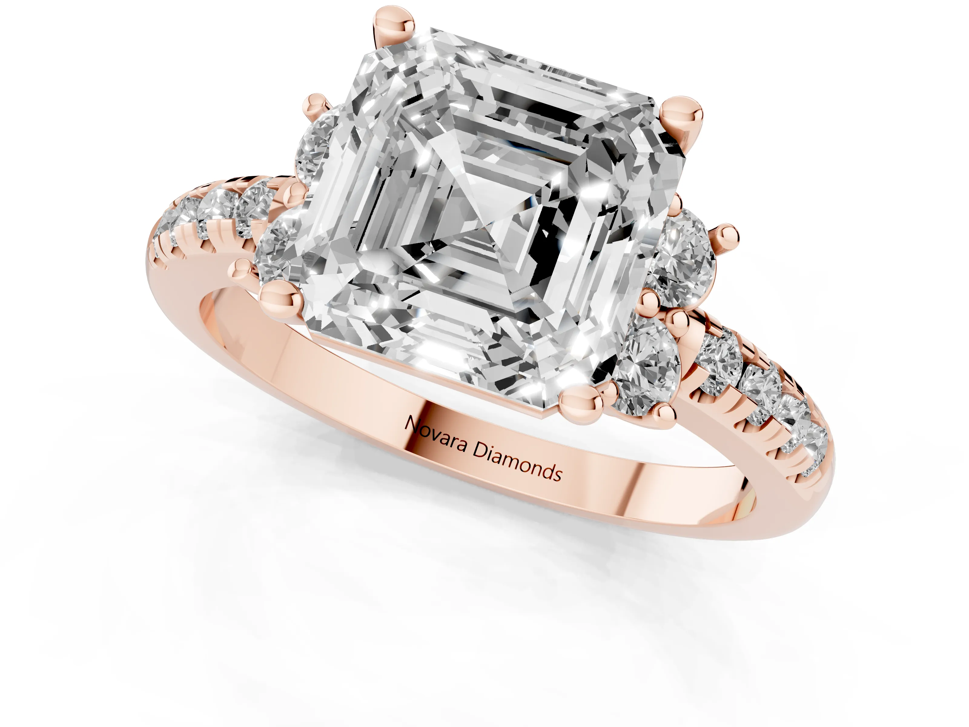 Asscher Cut Diamond Three-Stone Pavé Ring Set in Rose gold with Prong Setting