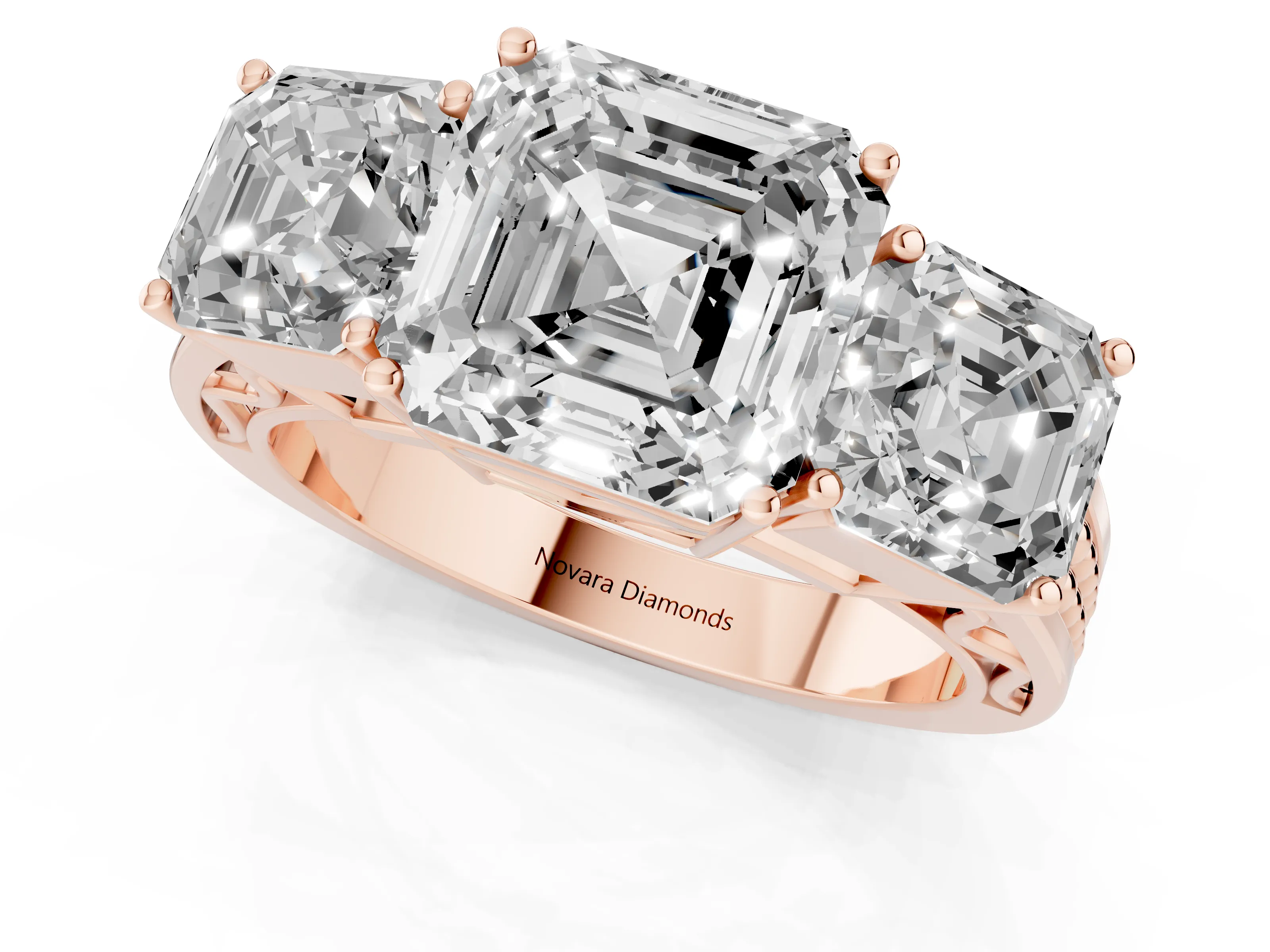 Asscher Cut Diamond Three-Stone Ring Set in Rose gold with Textured Band