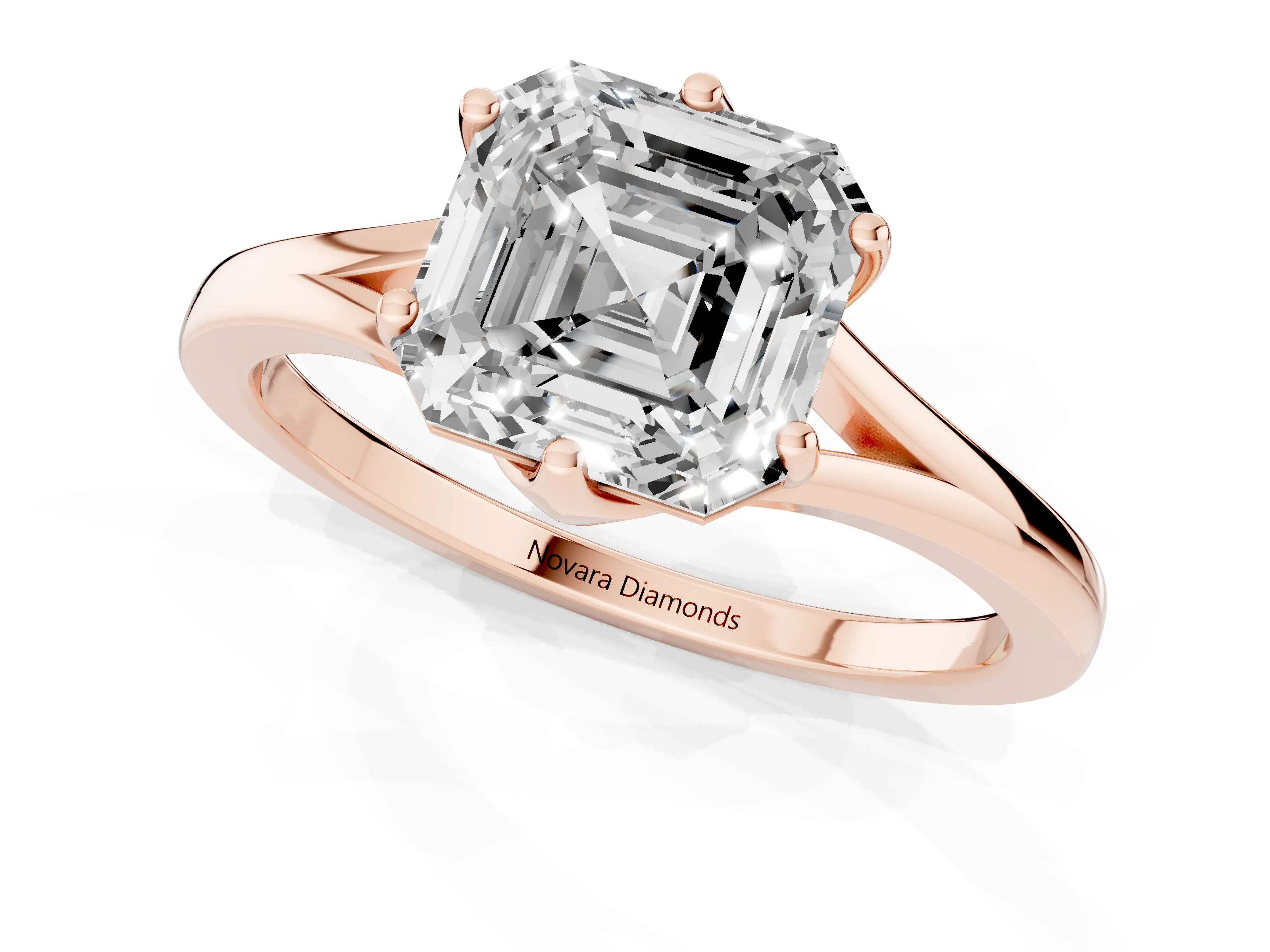 Asscher Cut Diamond Solitaire Ring Set in Rose gold with Polished Tapered Band and Prong Setting