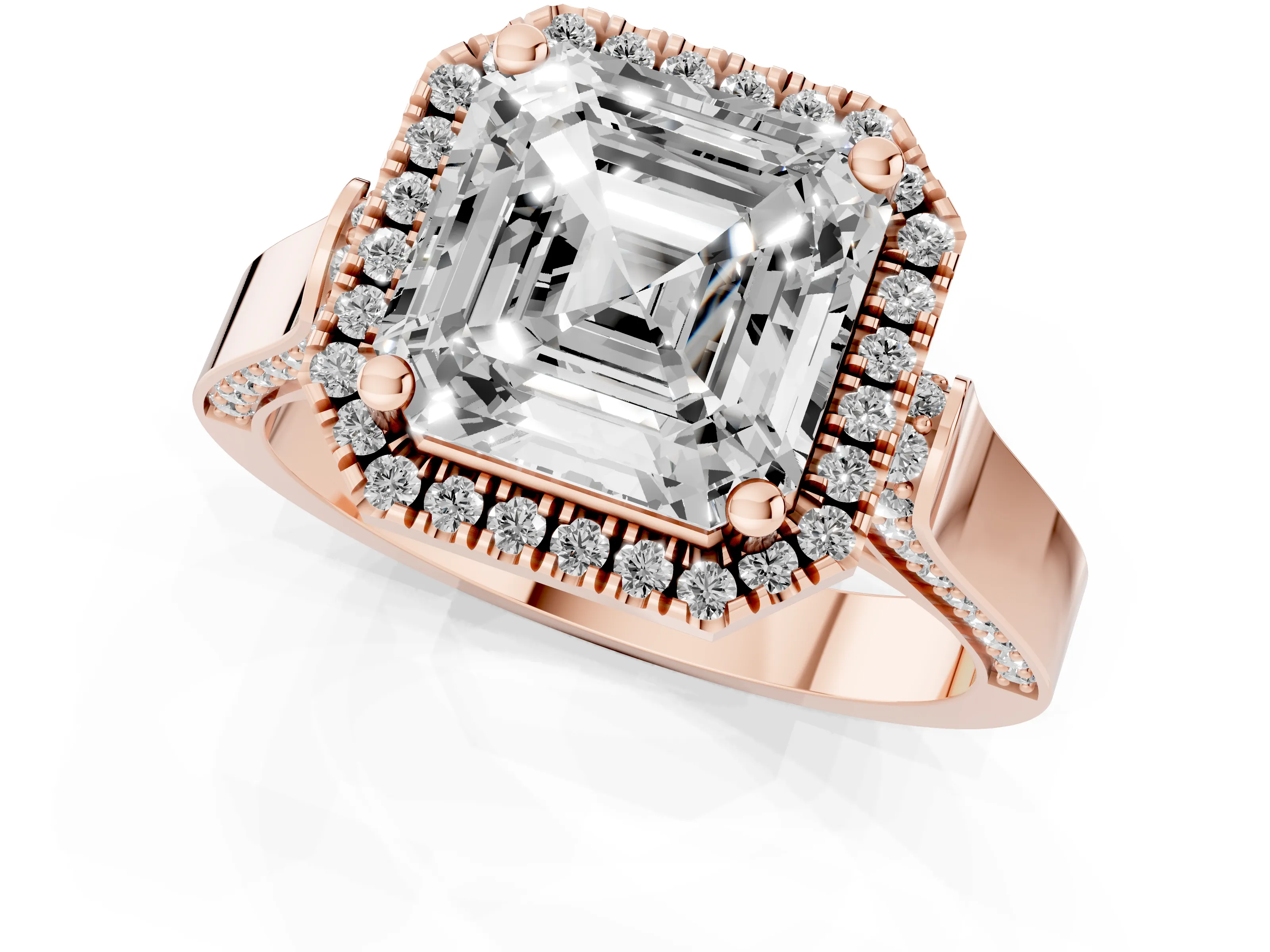 Asscher Cut Diamond Halo Ring Set in Rose gold with Pavé-Lined Split Shank Band