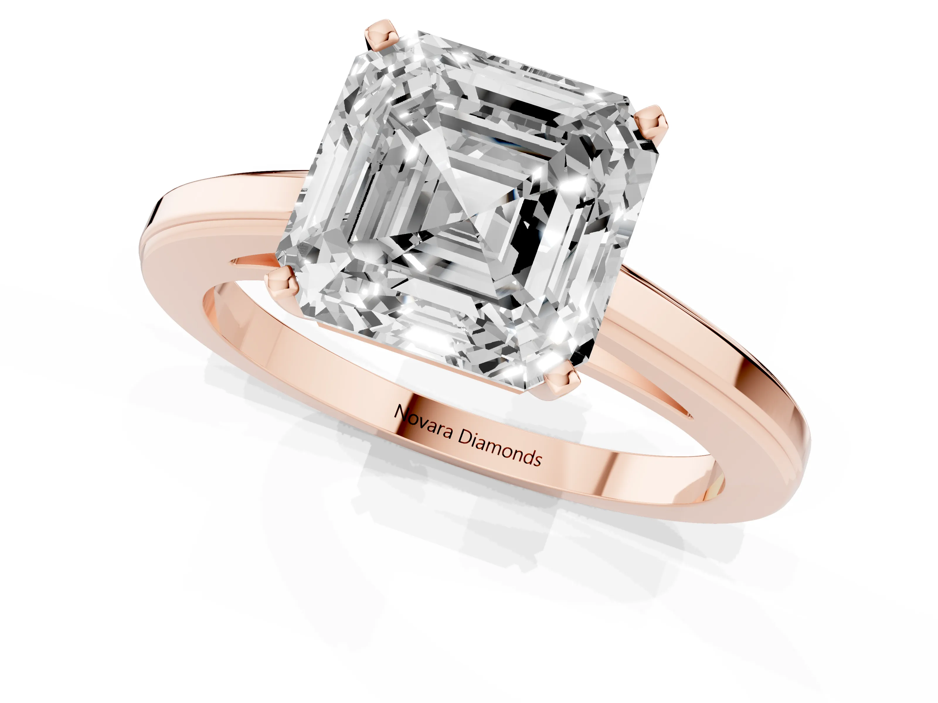 Asscher Cut Diamond Solitaire Ring Set in Rose gold with Prong Setting and Classic Band