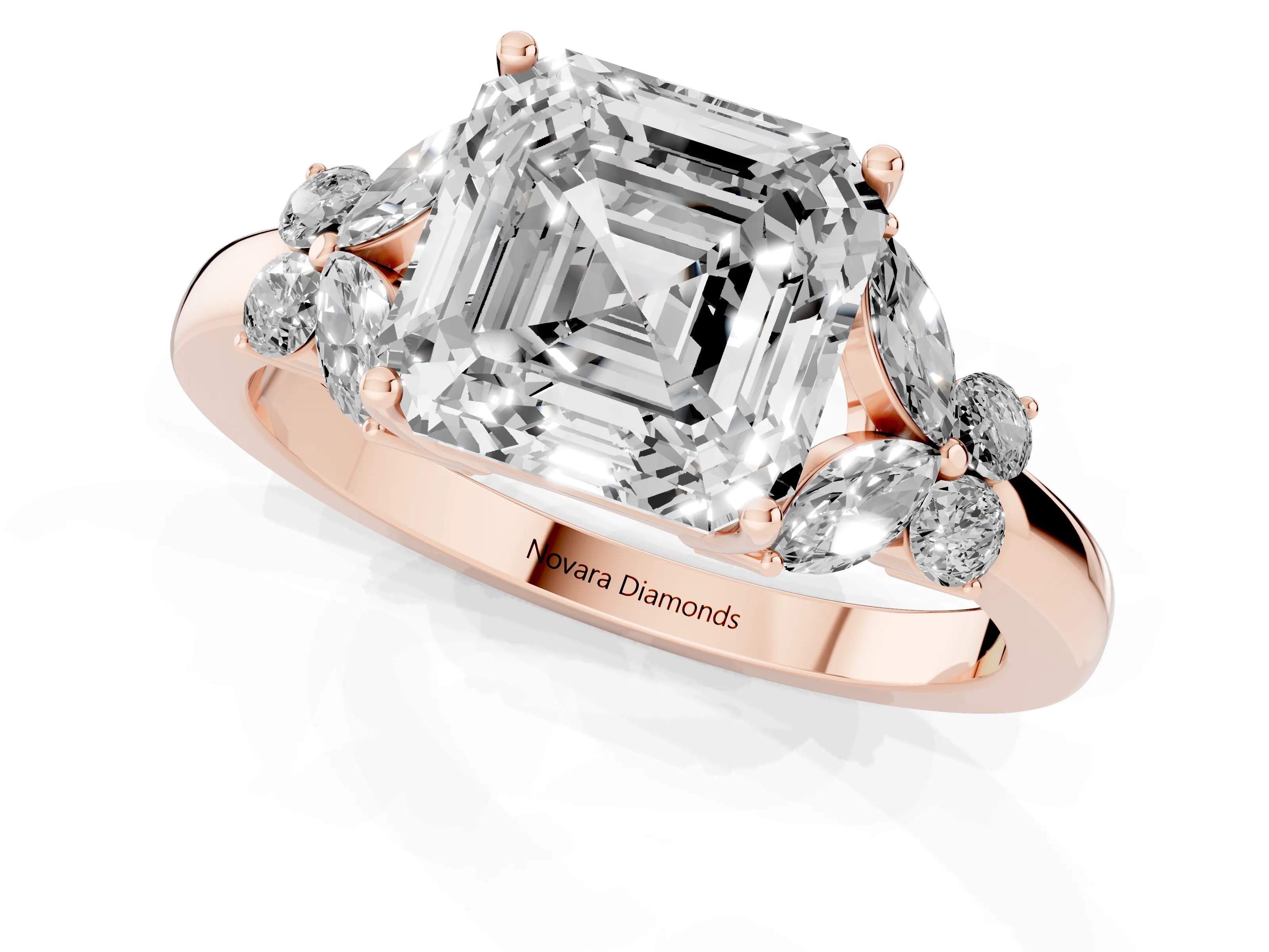 Asscher Cut Diamond Solitaire Floral Ring Set in Rose gold with Marquise Petals and Prong Setting