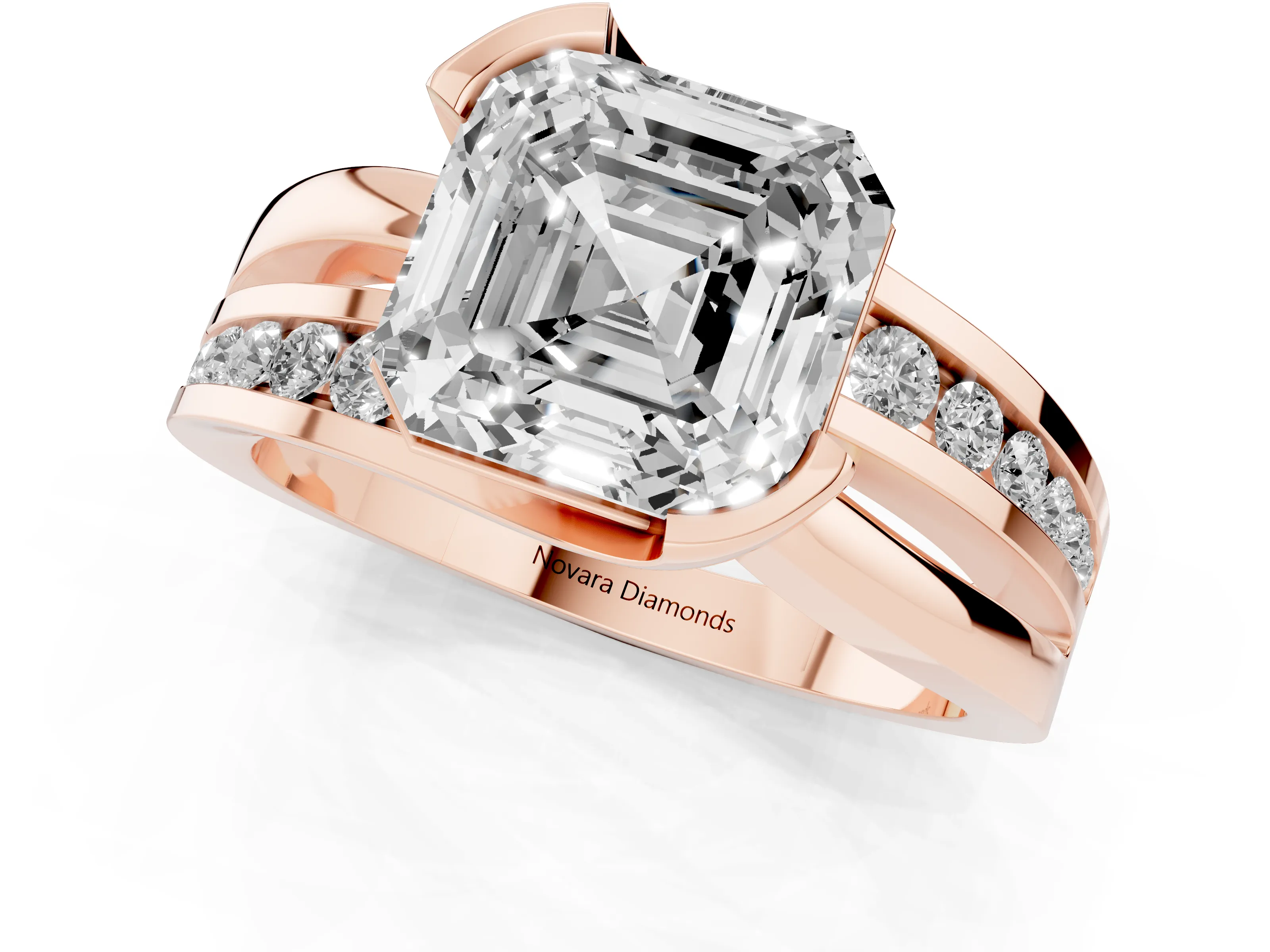 Asscher Cut Diamond Solitaire Ring Set in Rose gold with Channel Set Split Shank and Tension Prongs
