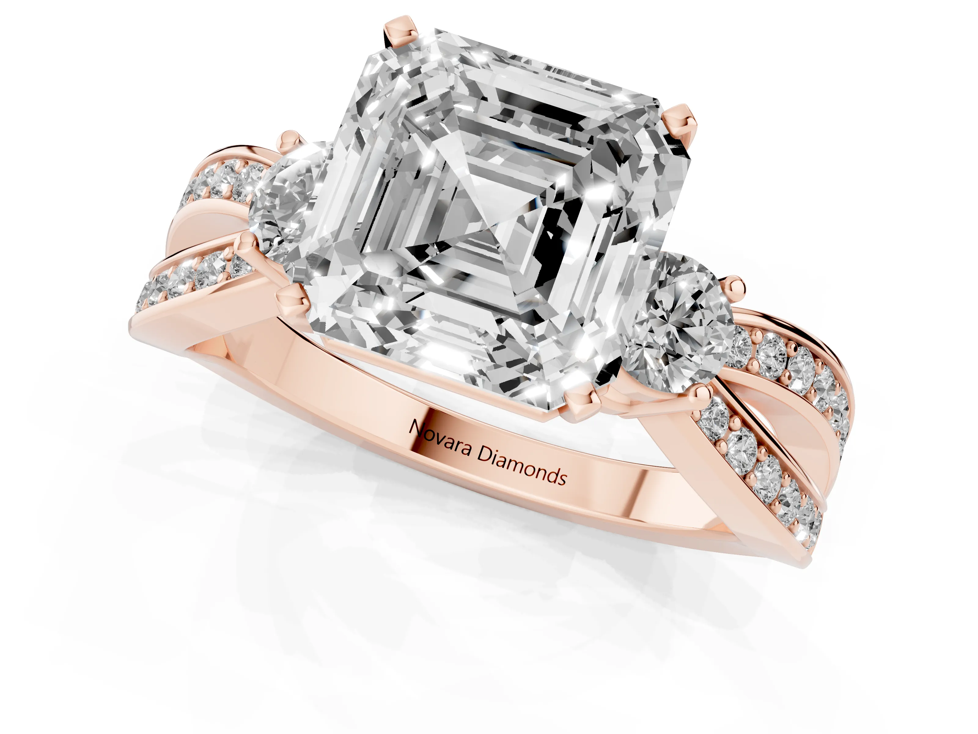 Three-Stone Asscher Cut Diamond Twist Band Ring Set in Rose gold with Pavé Accents and Prong Setting