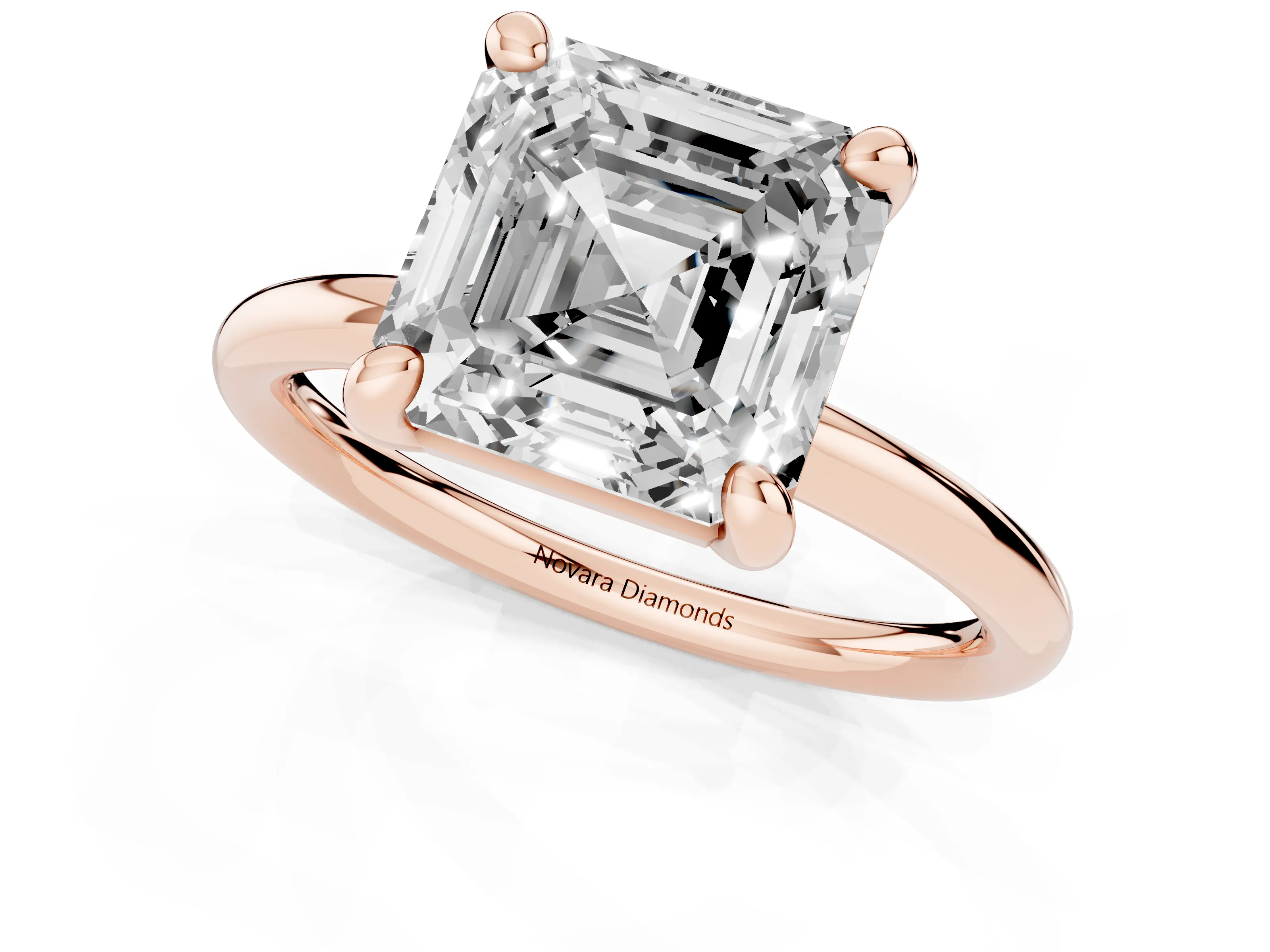 Asscher Cut Diamond Solitaire Ring Set in Rose gold with Prong Setting on a Polished Plain Band
