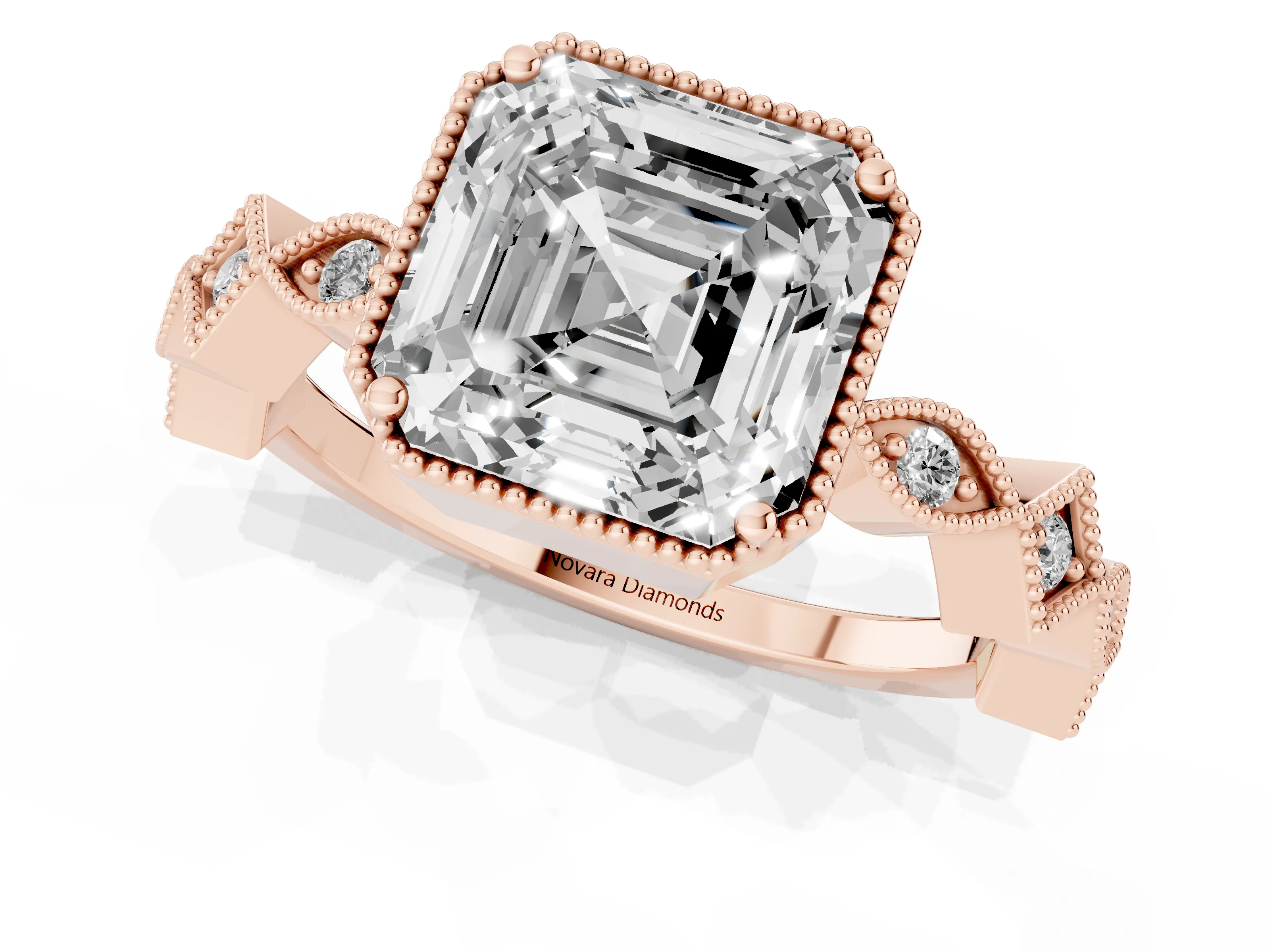 Asscher Cut Diamond Milgrain Marquise Twist Band Ring Set in Rose gold with Prong Setting