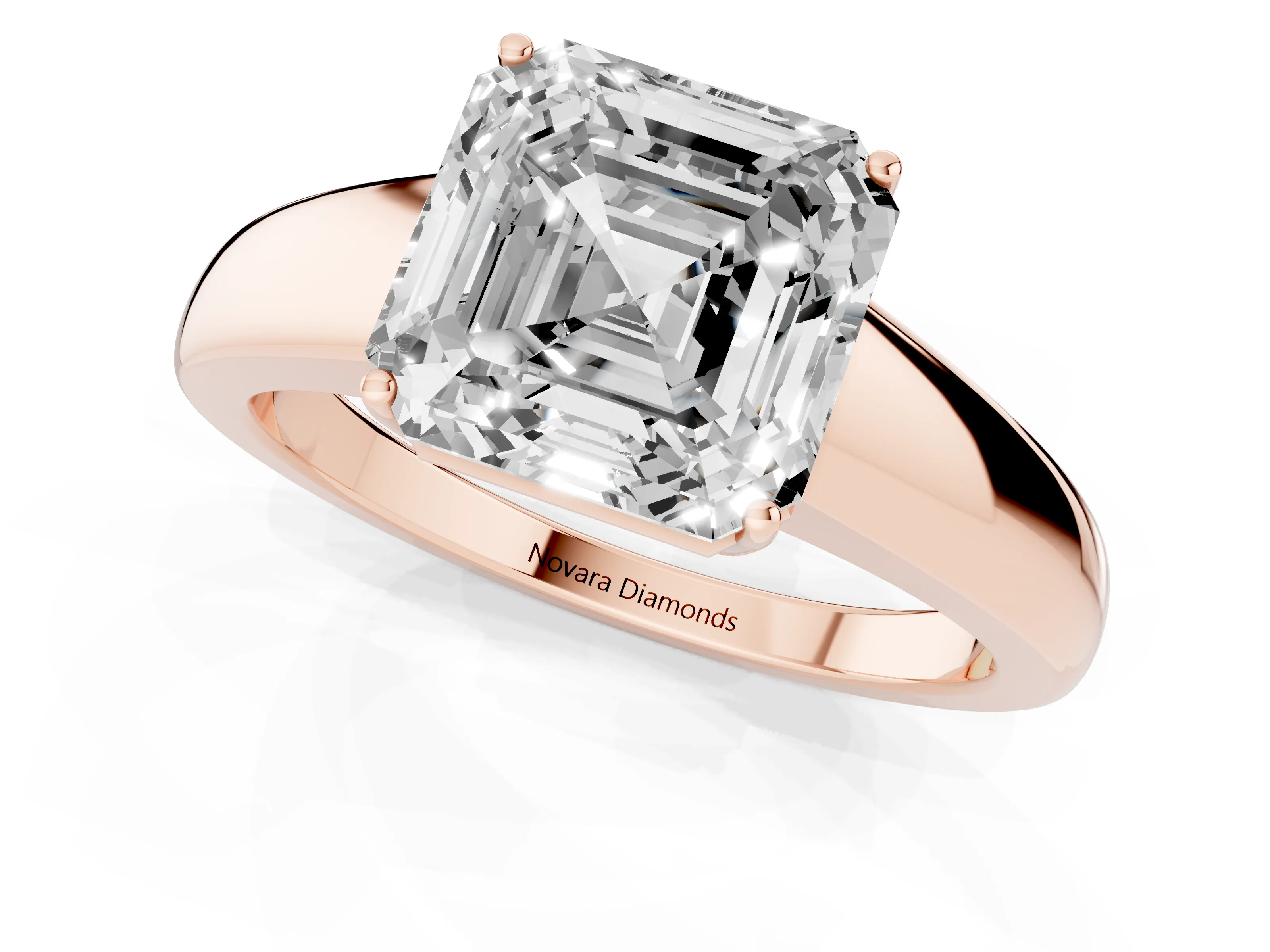 Asscher Cut Diamond Solitaire Ring Set in Rose gold with Tapered Band and Prong Setting
