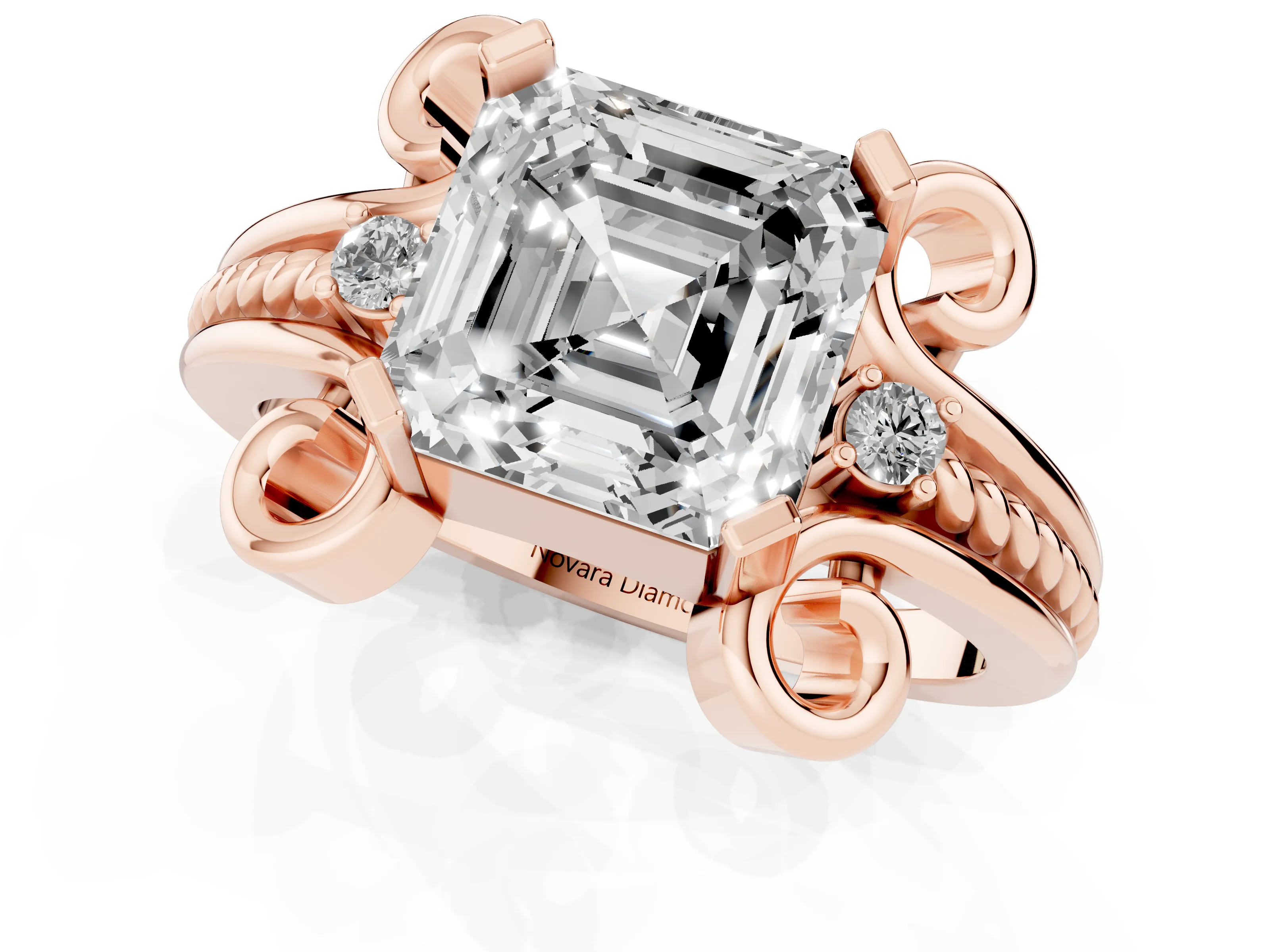 Asscher Cut Diamond Twisted Band Solitaire Ring Set in Rose gold with Scroll Prongs