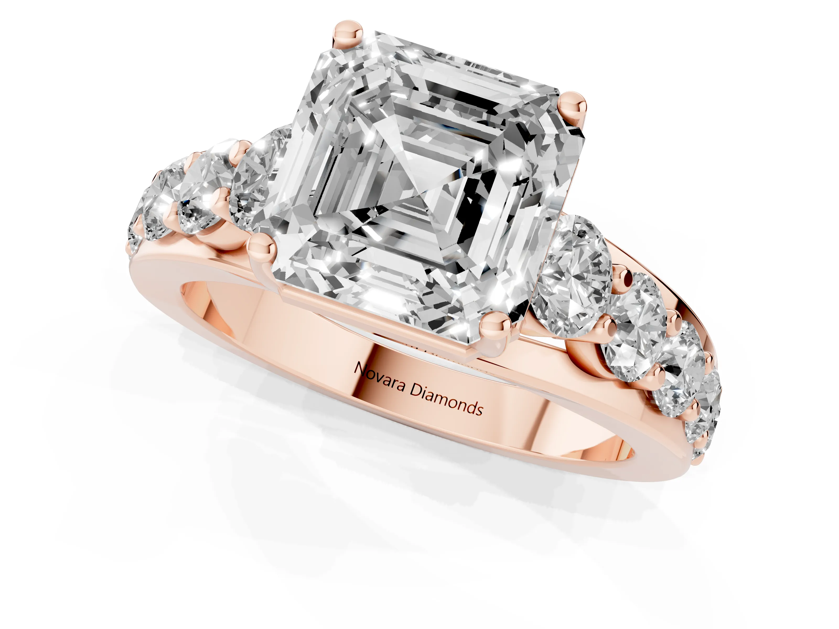 Asscher Cut Diamond Pavé Engagement Ring Set in Rose gold with Prong Setting