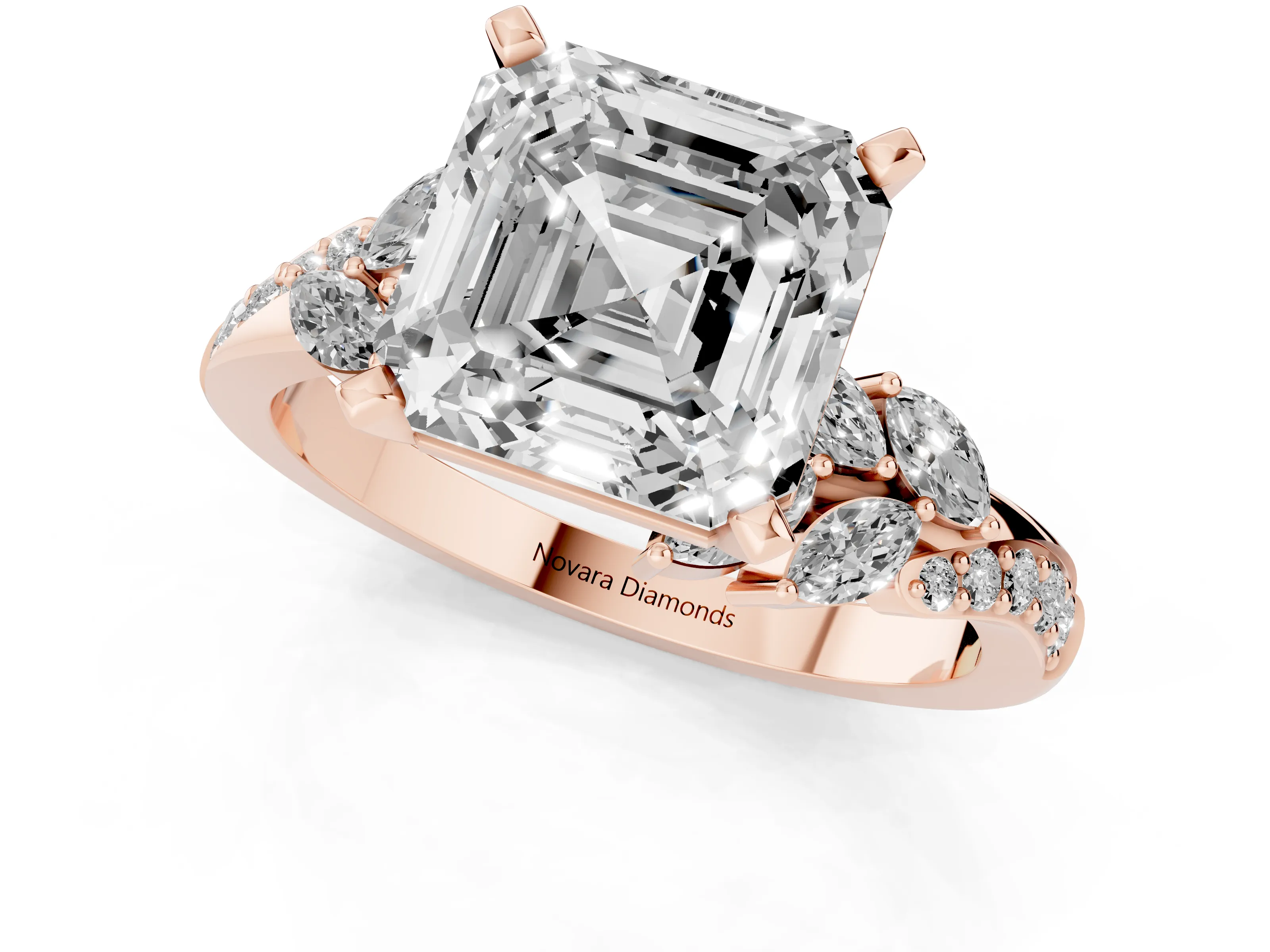 Asscher Cut Diamond Solitaire Ring Set in Rose gold with Marquise Twist Band and Prong Setting
