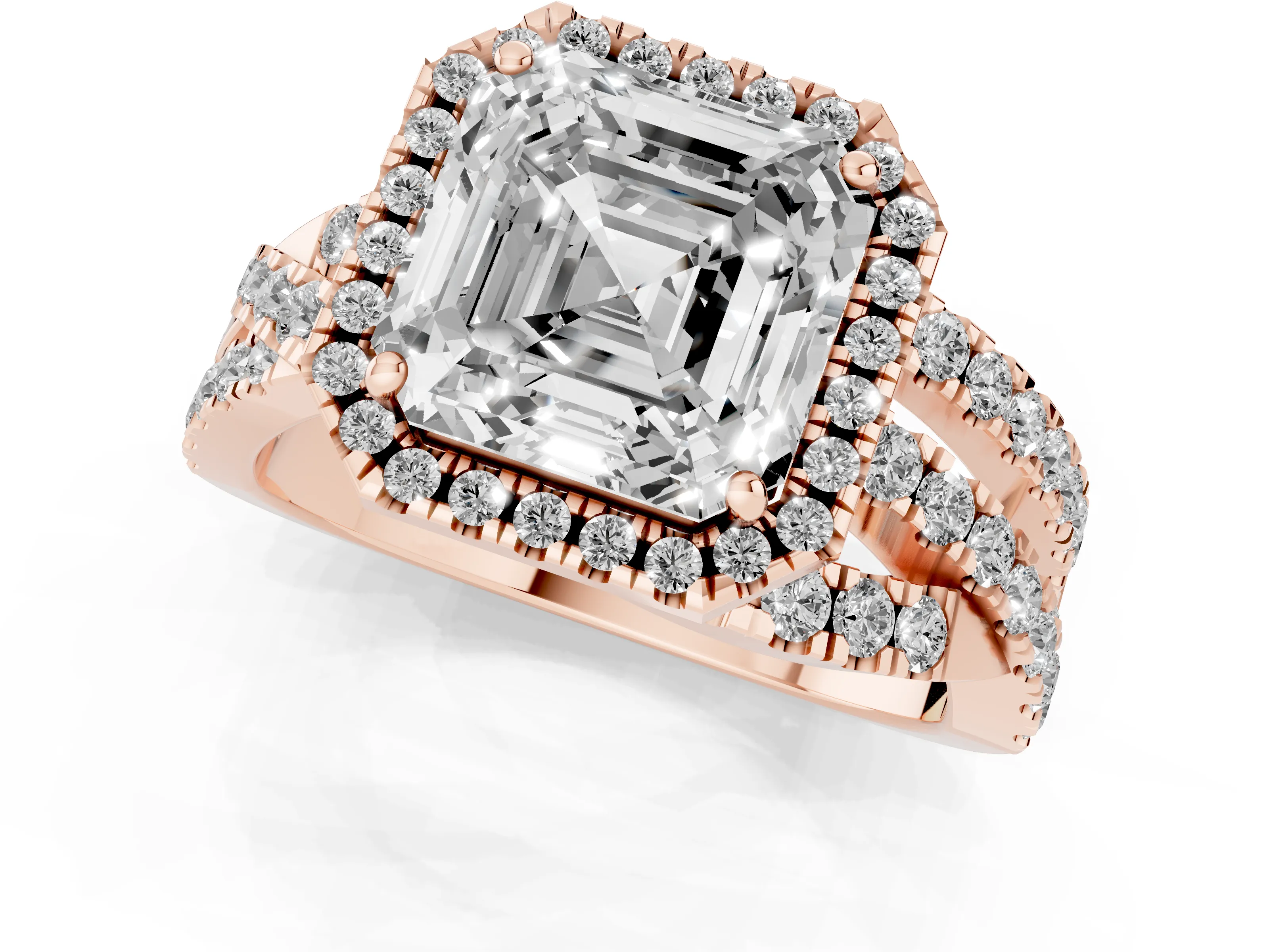 Asscher Cut Diamond Halo Ring Set in Rose gold with Round Crossover Split Shank and Prong Setting