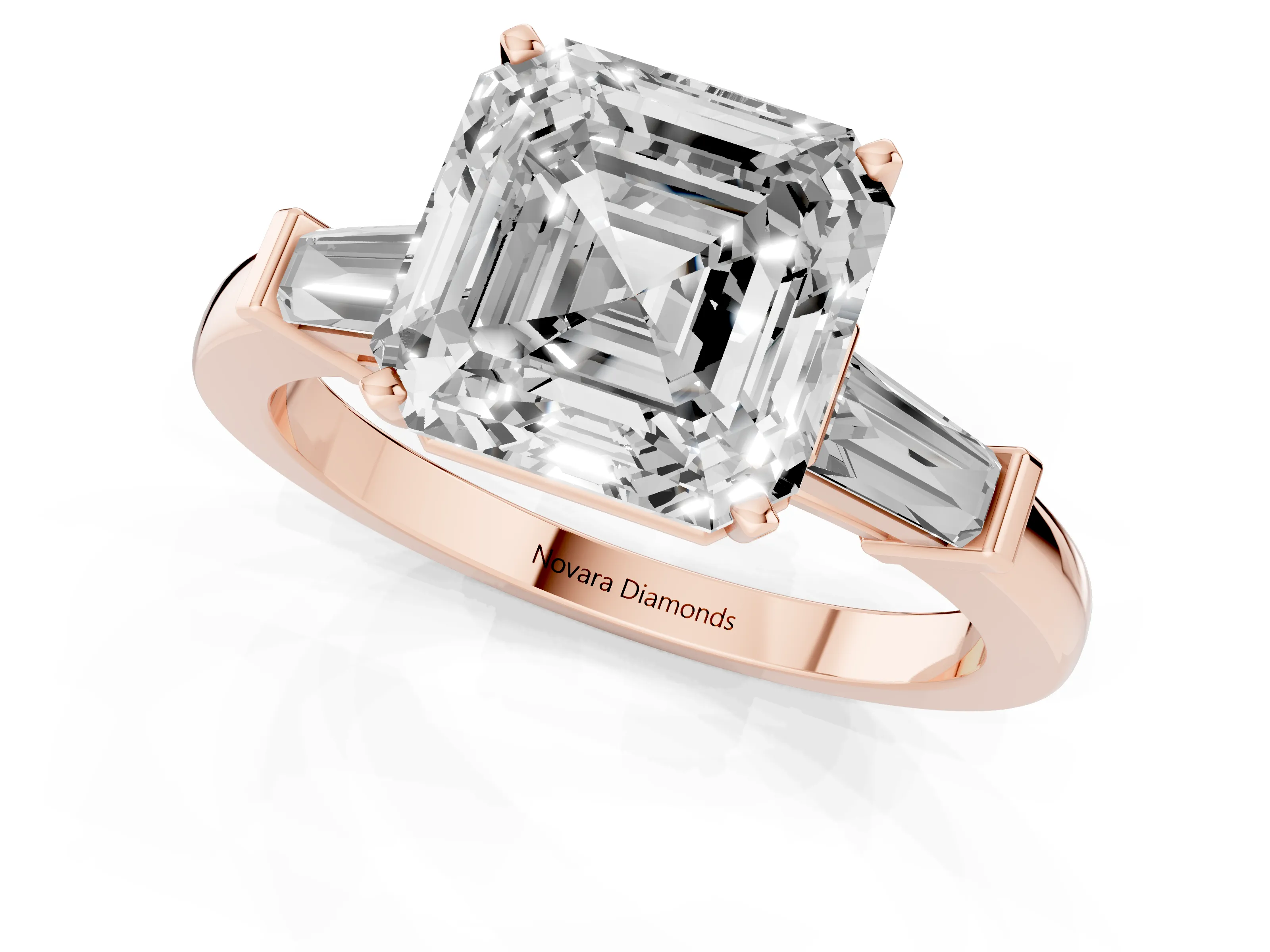 Asscher Cut Diamond Solitaire Ring Set in Rose gold with Tapered Baguette Accents and Prong Setting