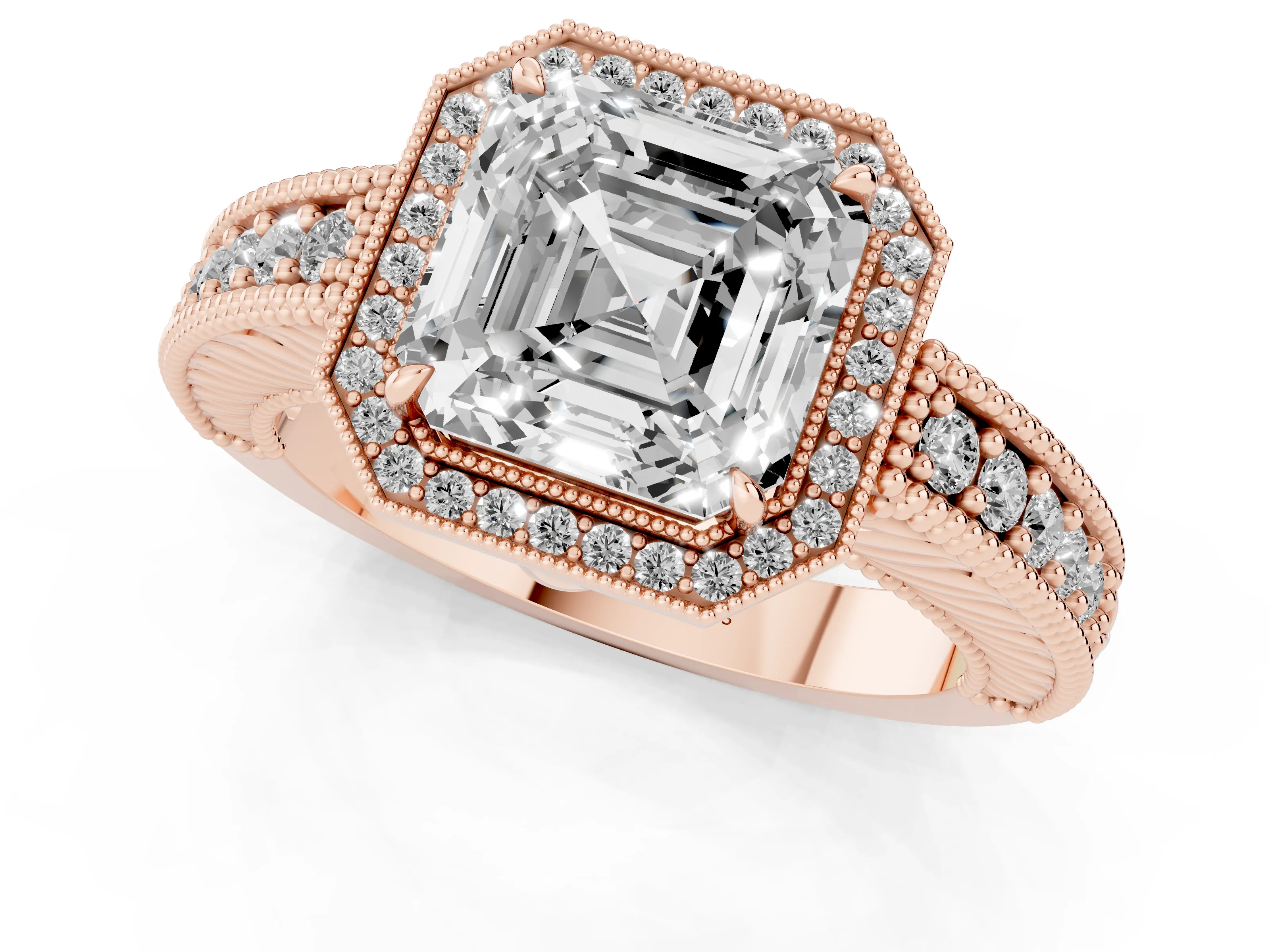 Asscher Cut Diamond Halo Ring Set in Rose gold with Round Accent Halo, Pavé Band and Prong Setting
