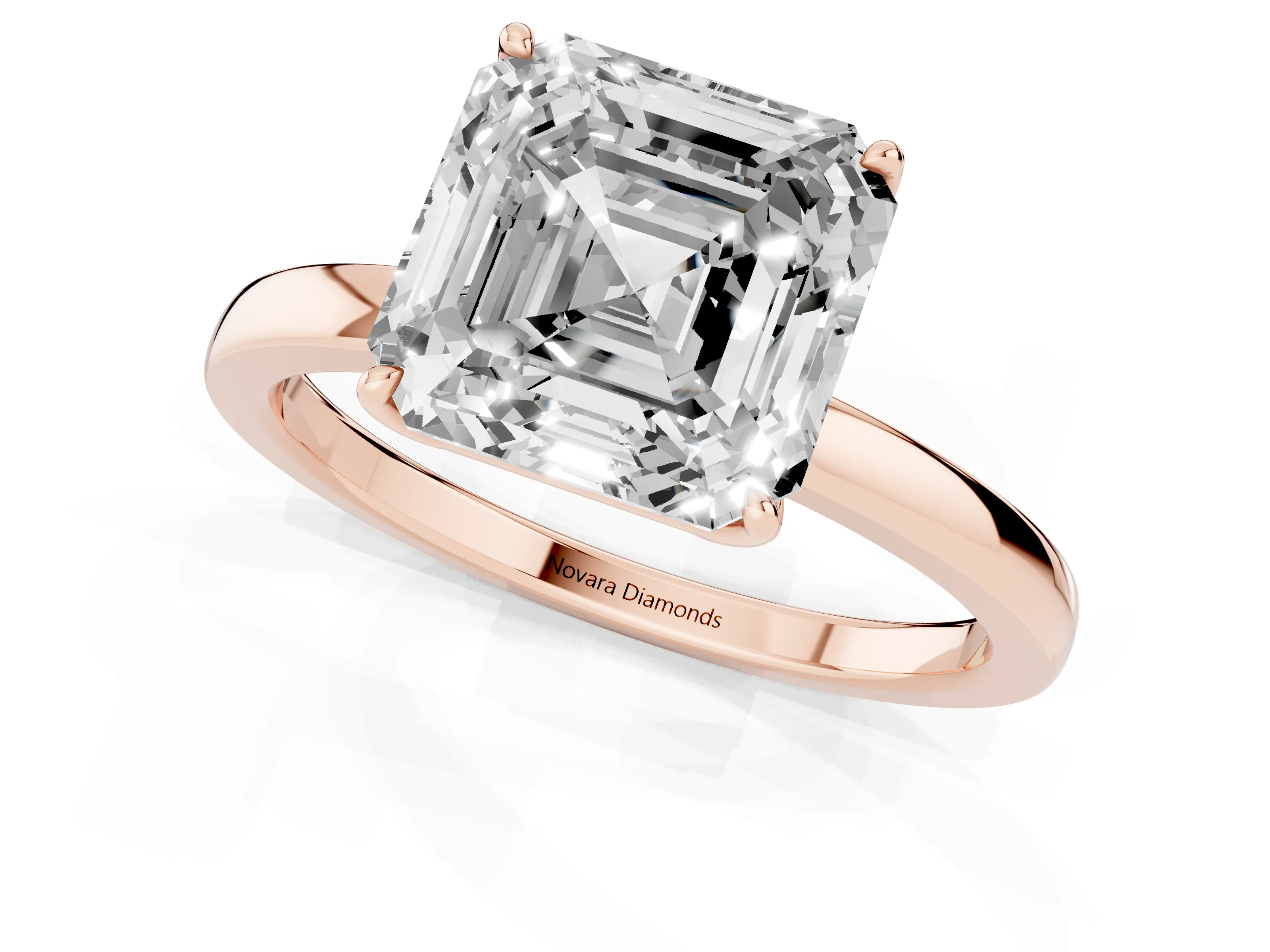 Asscher Cut Diamond Solitaire Ring Set in Rose gold with Prong Setting and Thin Polished Band