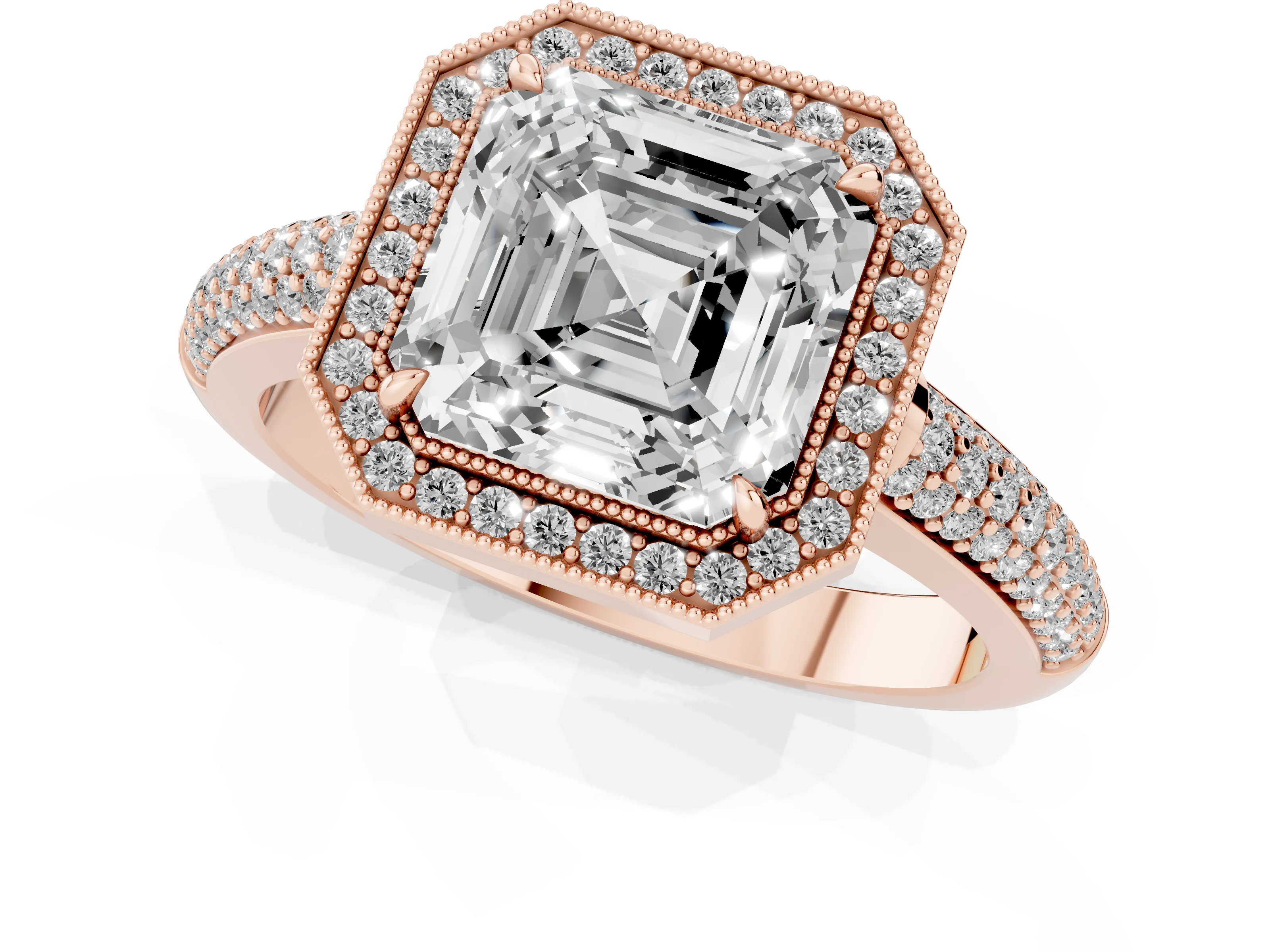 Asscher Cut Diamond Halo Pavé Band Set in Rose gold with Prong Setting