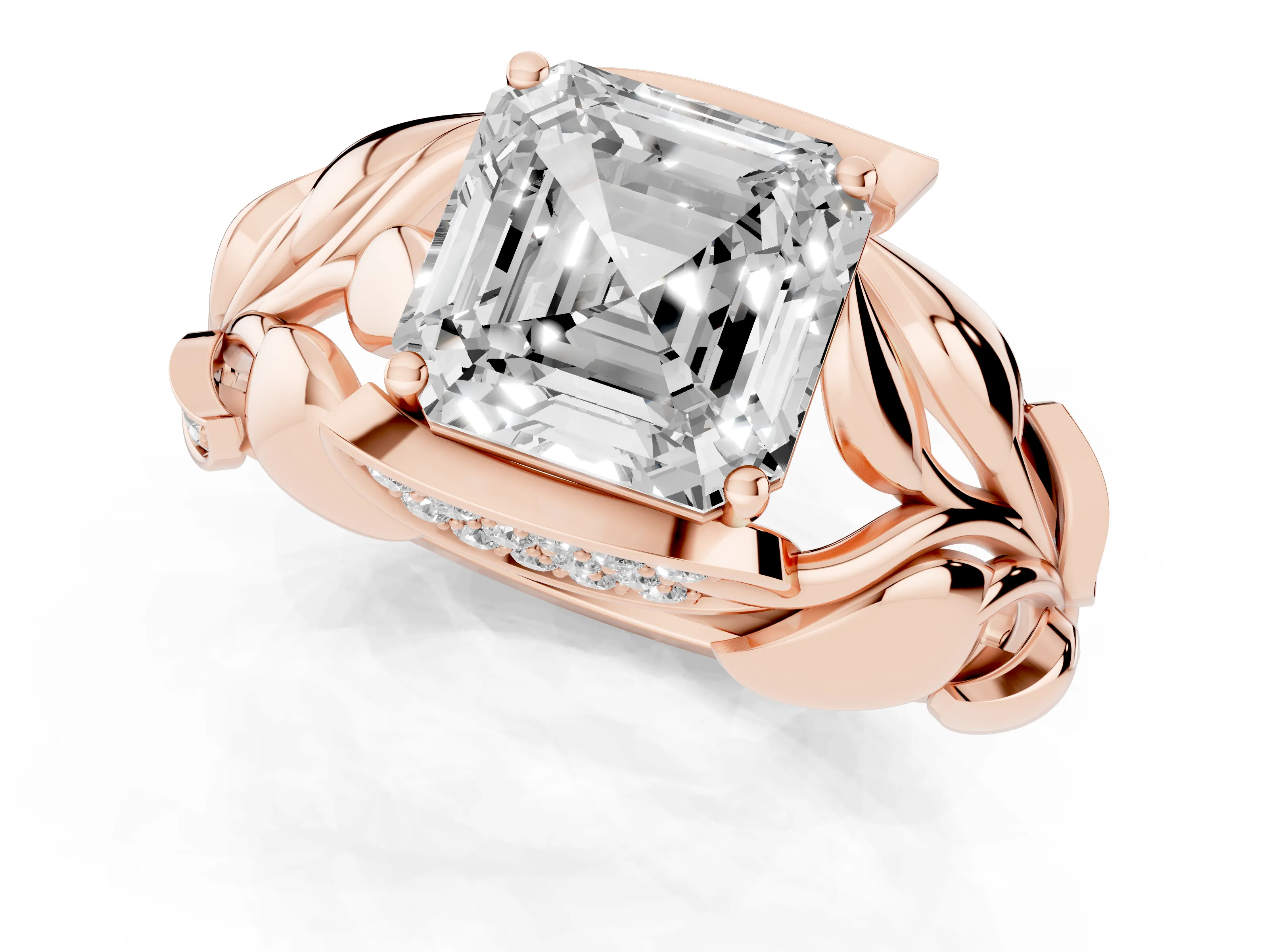 Asscher Cut Diamond Leaf-Inspired Engagement Ring Set in Rose gold with Round Accents