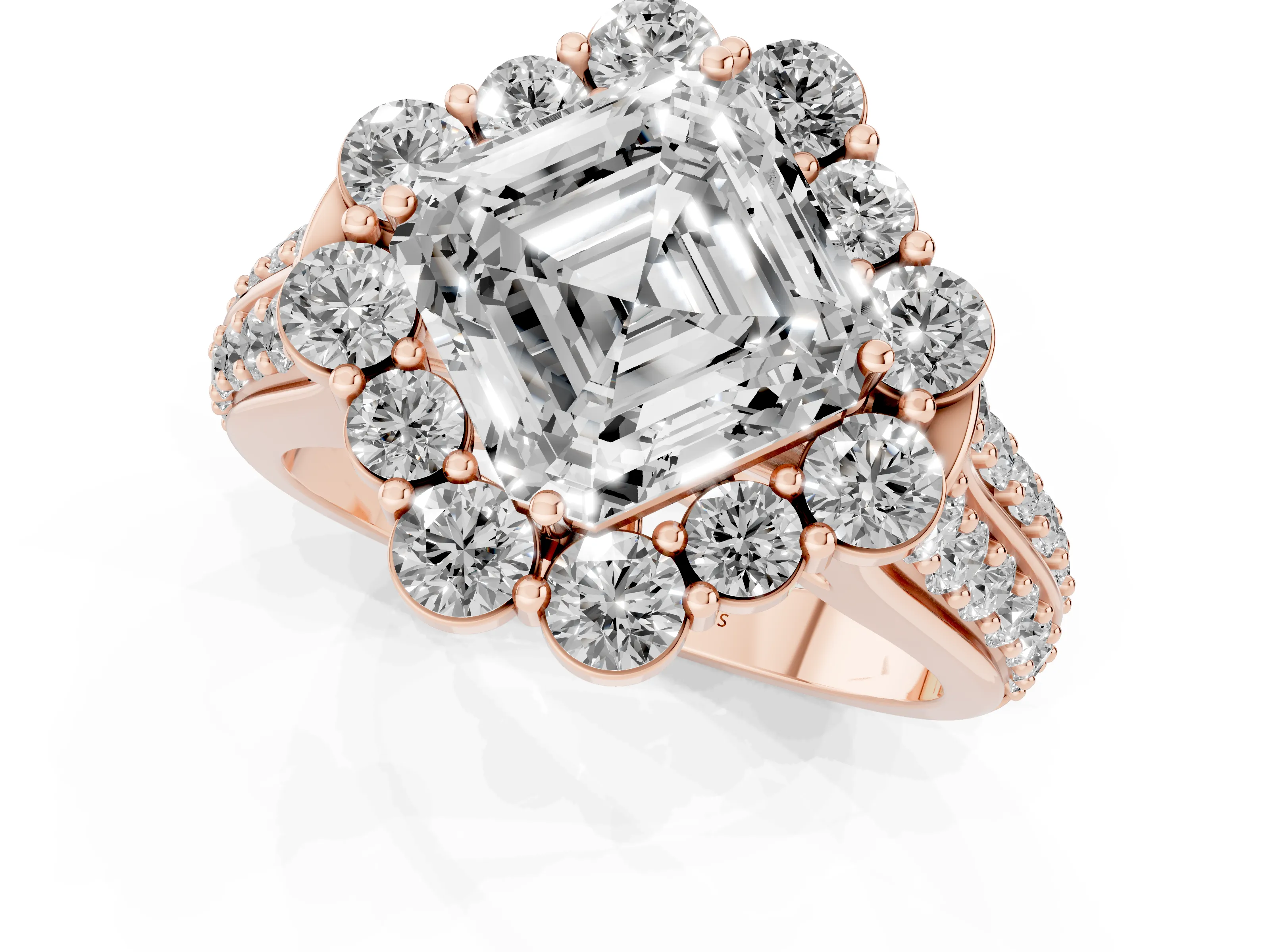 Asscher Cut Diamond Halo Engagement Ring Set in Rose gold with Split Shank and Prong Setting