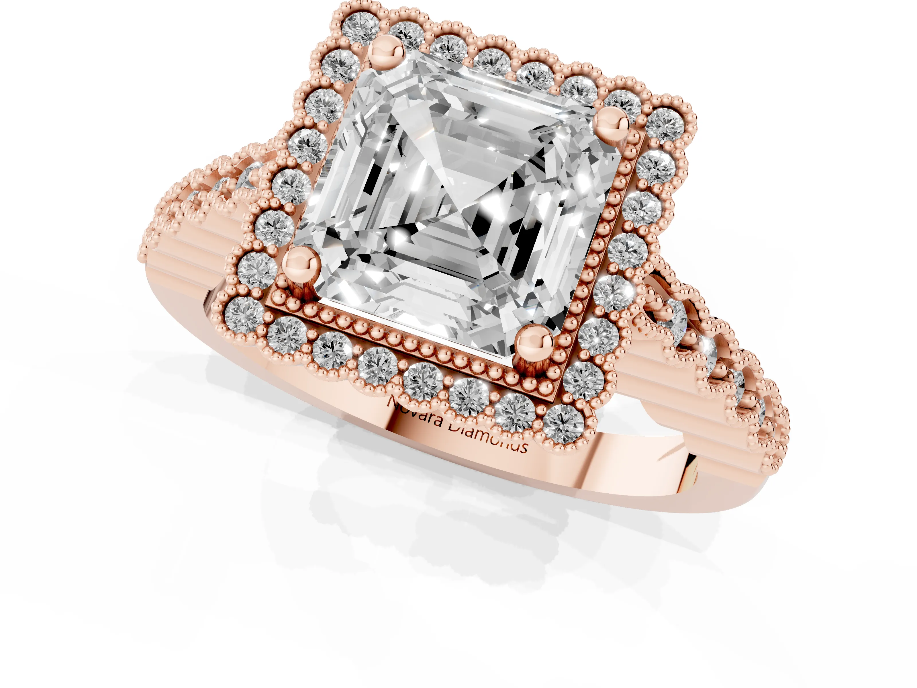 Asscher Cut Diamond Halo Ring Set in Rose gold with Pavé Milgrain Band
