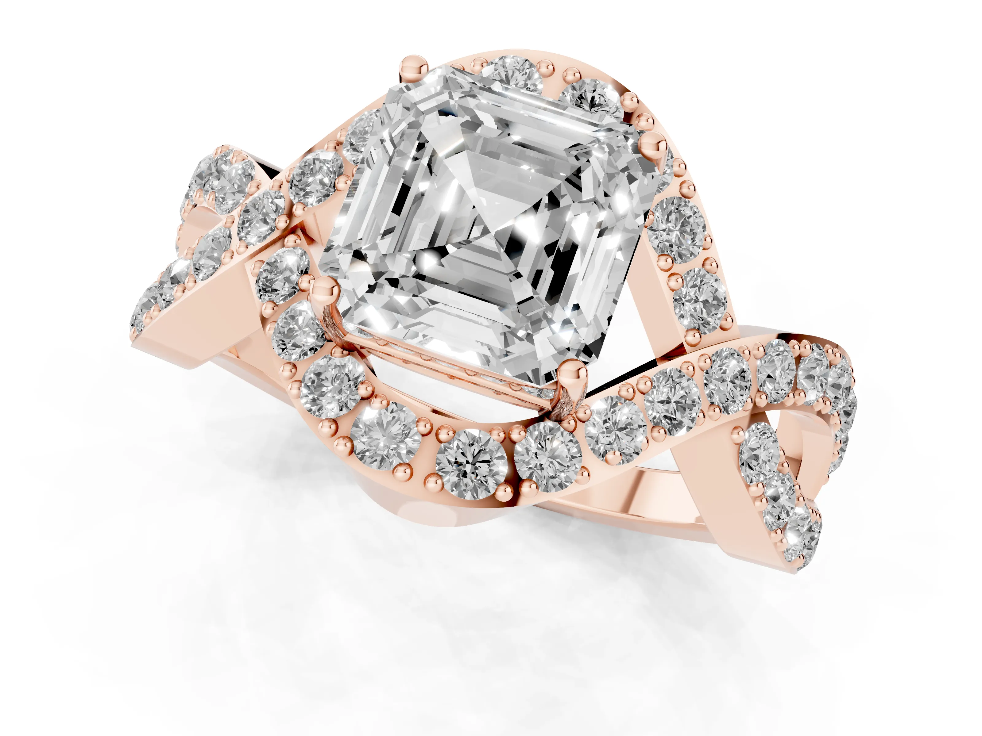Asscher Cut Diamond Solitaire Twist Band Pavé Engagement Ring Set in Rose gold