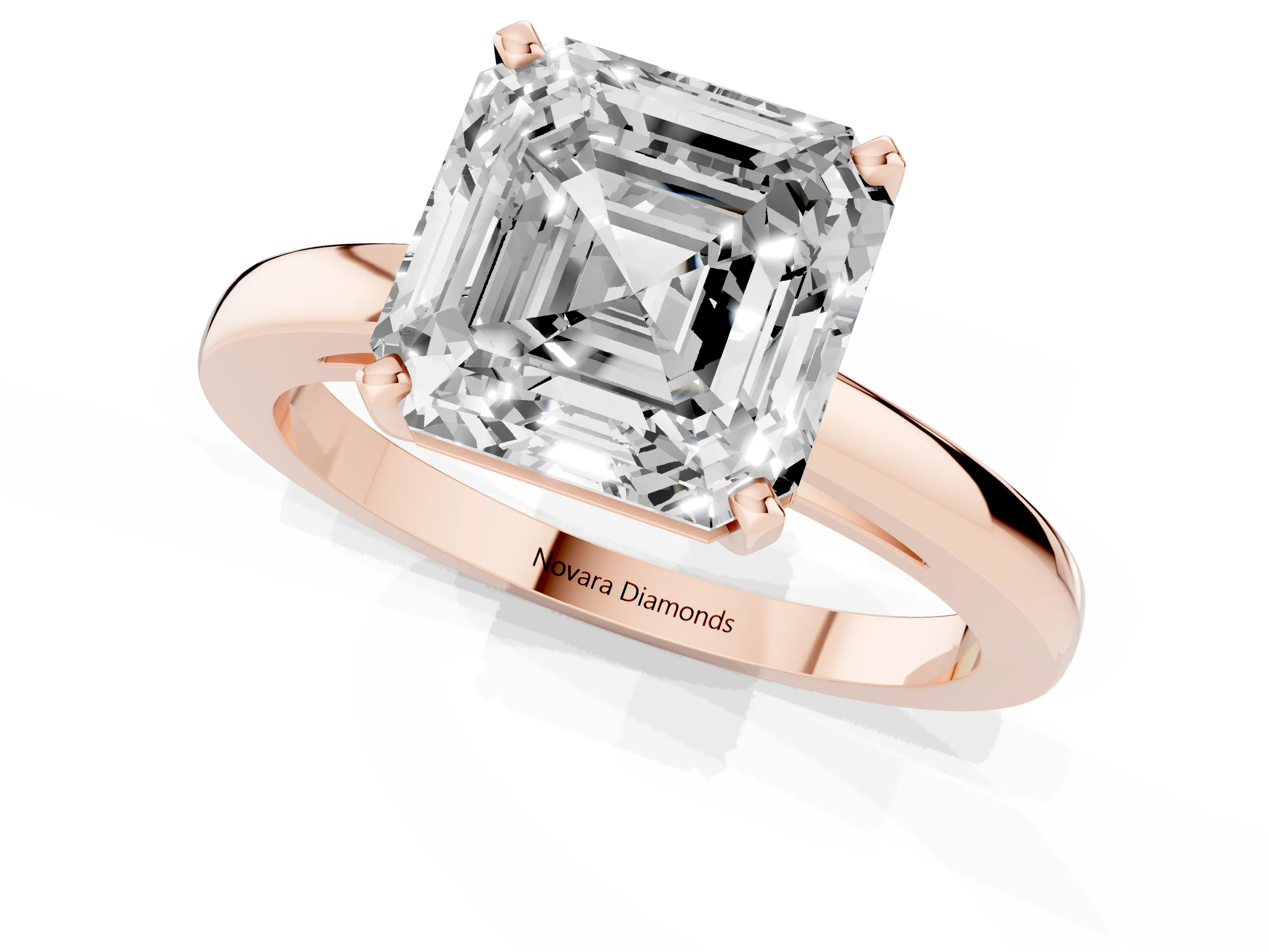 Asscher Cut Diamond Solitaire Engagement Ring Set in Rose gold with Prong Setting on a Classic Band