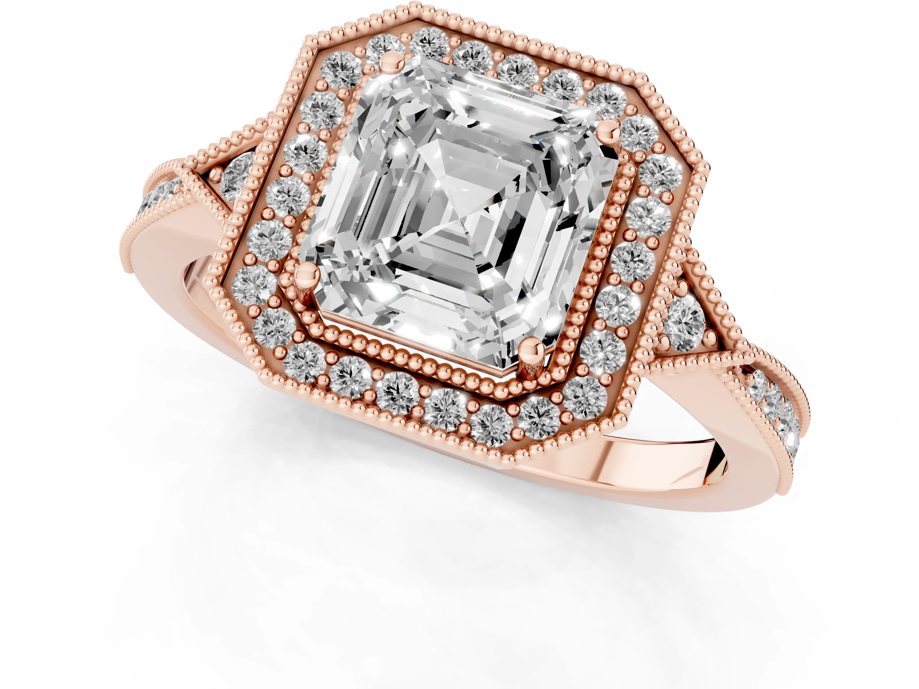 Asscher Cut Diamond Halo Engagement Ring Set in Rose gold with Milgrain Pavé Band – second view