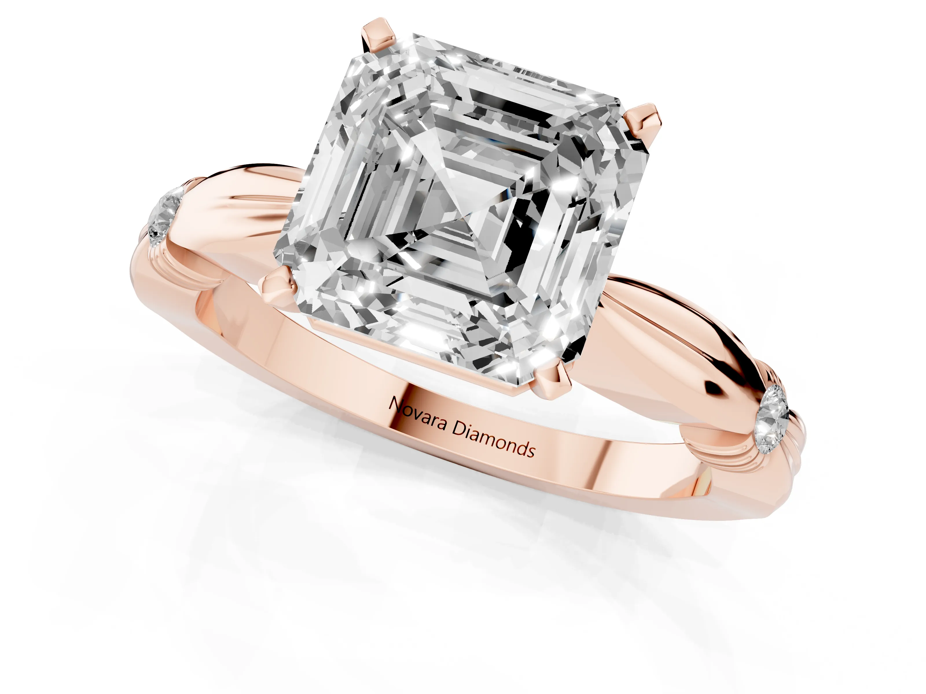 Asscher Cut Diamond Solitaire Twisted Band Ring Set in Rose gold with Accent Stones and Prong Setting – second view