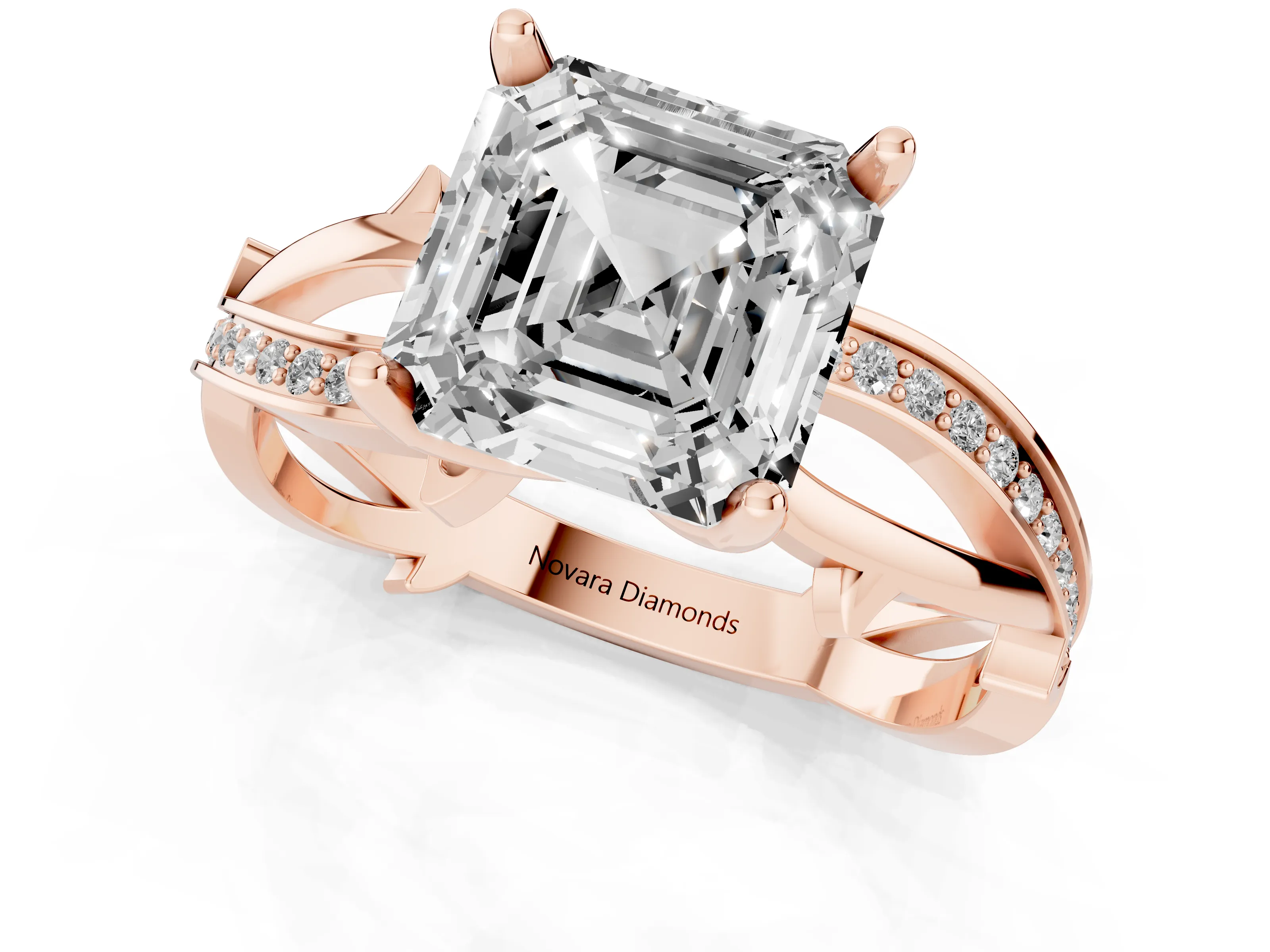 Asscher Cut Diamond Pavé Twist Band Solitaire Ring Set in Rose gold with Prong Setting