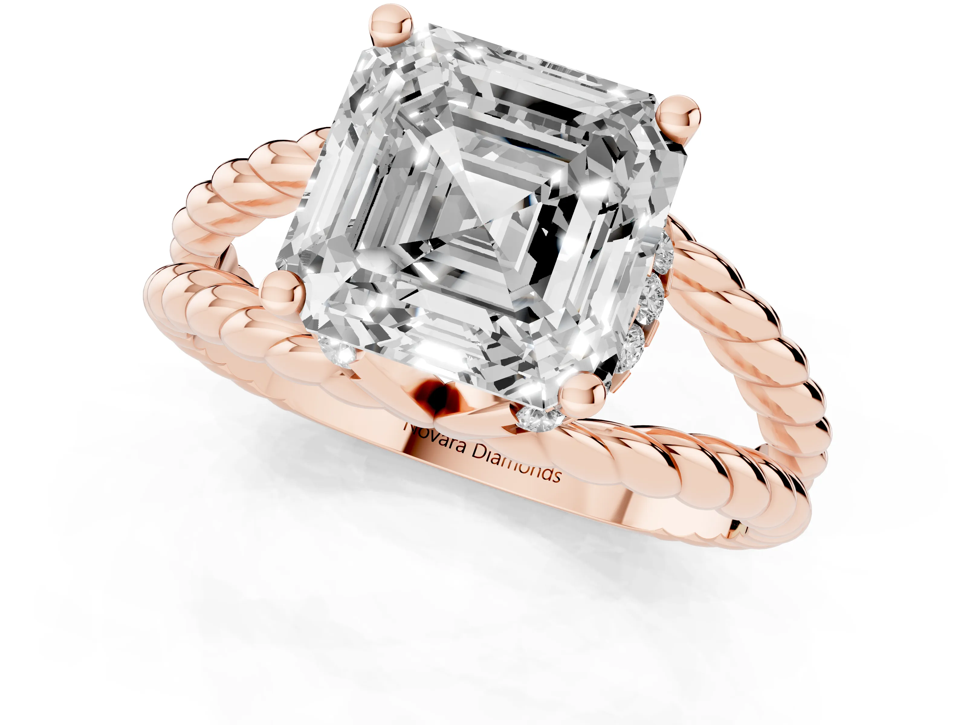 Asscher Cut Diamond Halo Ring Set in Rose gold with Twisted Band and Prong Setting