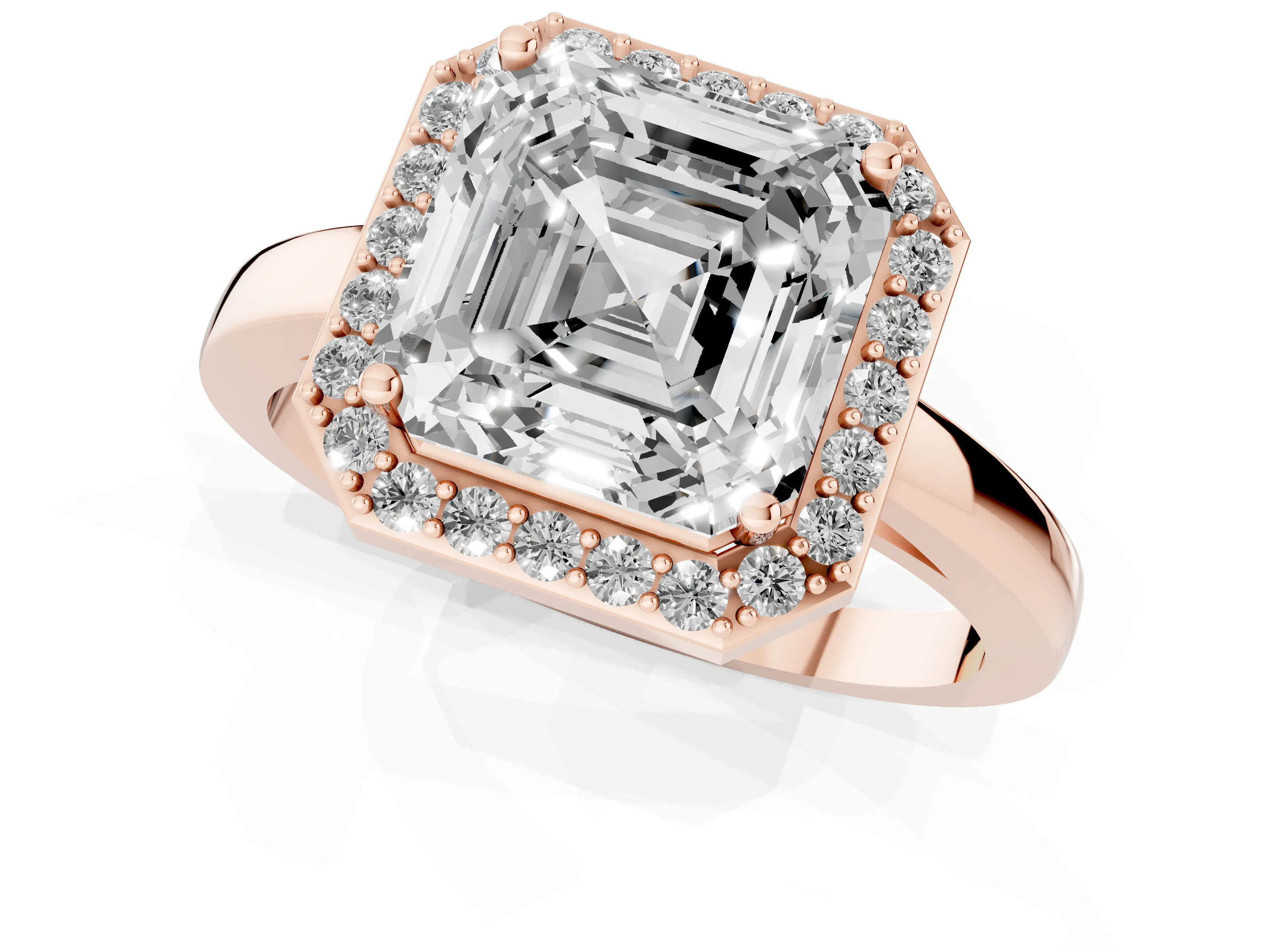 Asscher Cut Diamond Halo Ring Set in Rose gold with Solitaire Band and Prong Setting