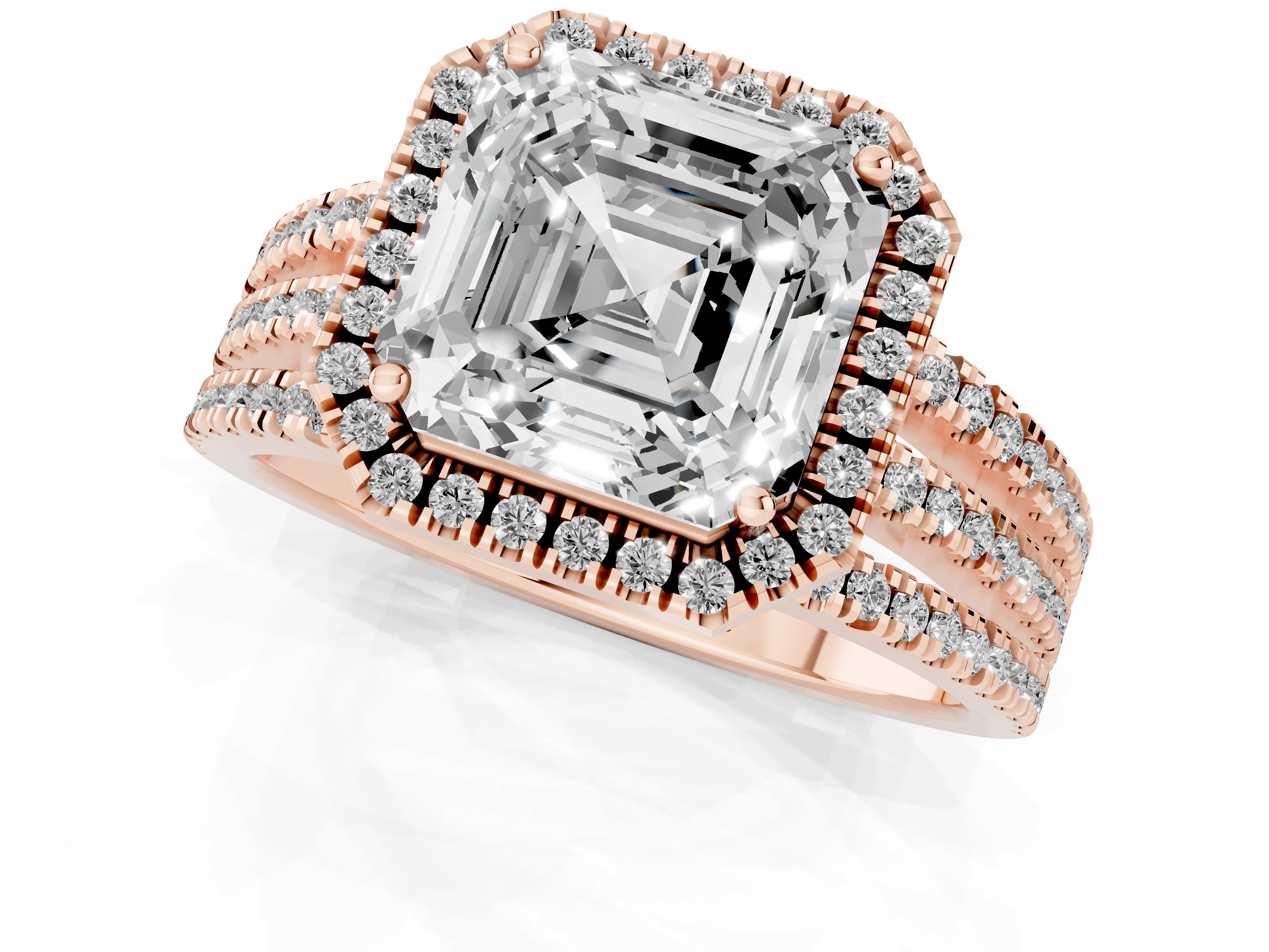 Asscher Cut Diamond Halo Split Shank Engagement Ring Set in Rose gold with Prong Setting