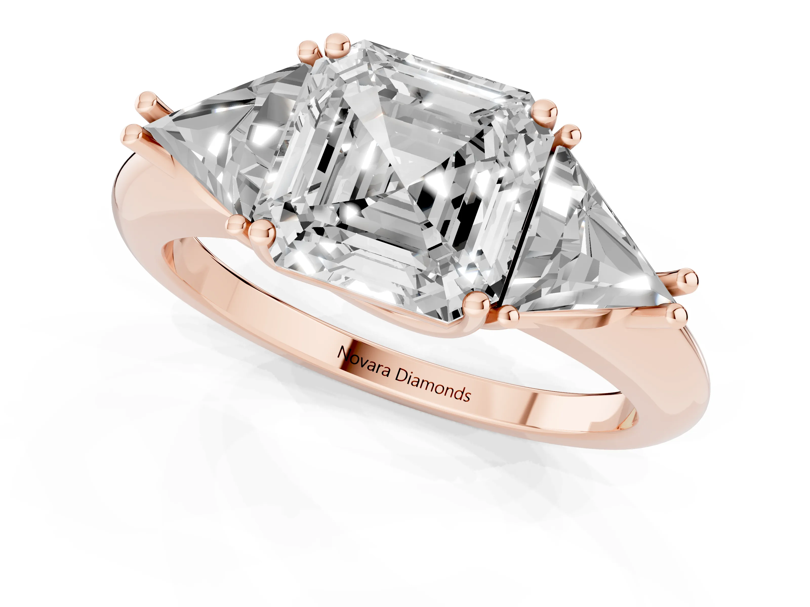 Asscher Cut Diamond Three-Stone Engagement Ring Set in Rose gold with Trillion Side Stones